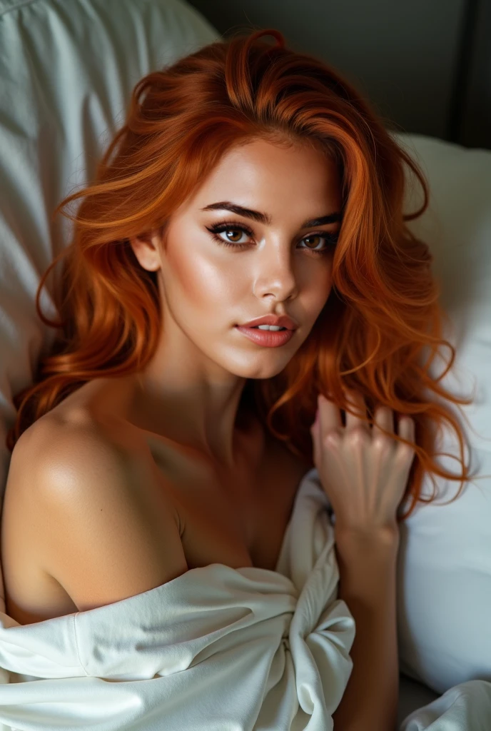 (Realistic photo of a beautiful woman, 40 years old, grey eyes, full full lips, red hair, long curly hair, curls, tanned skin, jewellery, realistic, soft lighting, professional photography, photorealistic, detailed, RAW, sharp focus, ultra-high resolution, best quality, masterpiece, (best quality, high-resolution, ultra-detailed:1. 2), HDR, bright colours, summer dress, curvy, sexy, white bikini pants, full figure, big earrings, laying on sun chair