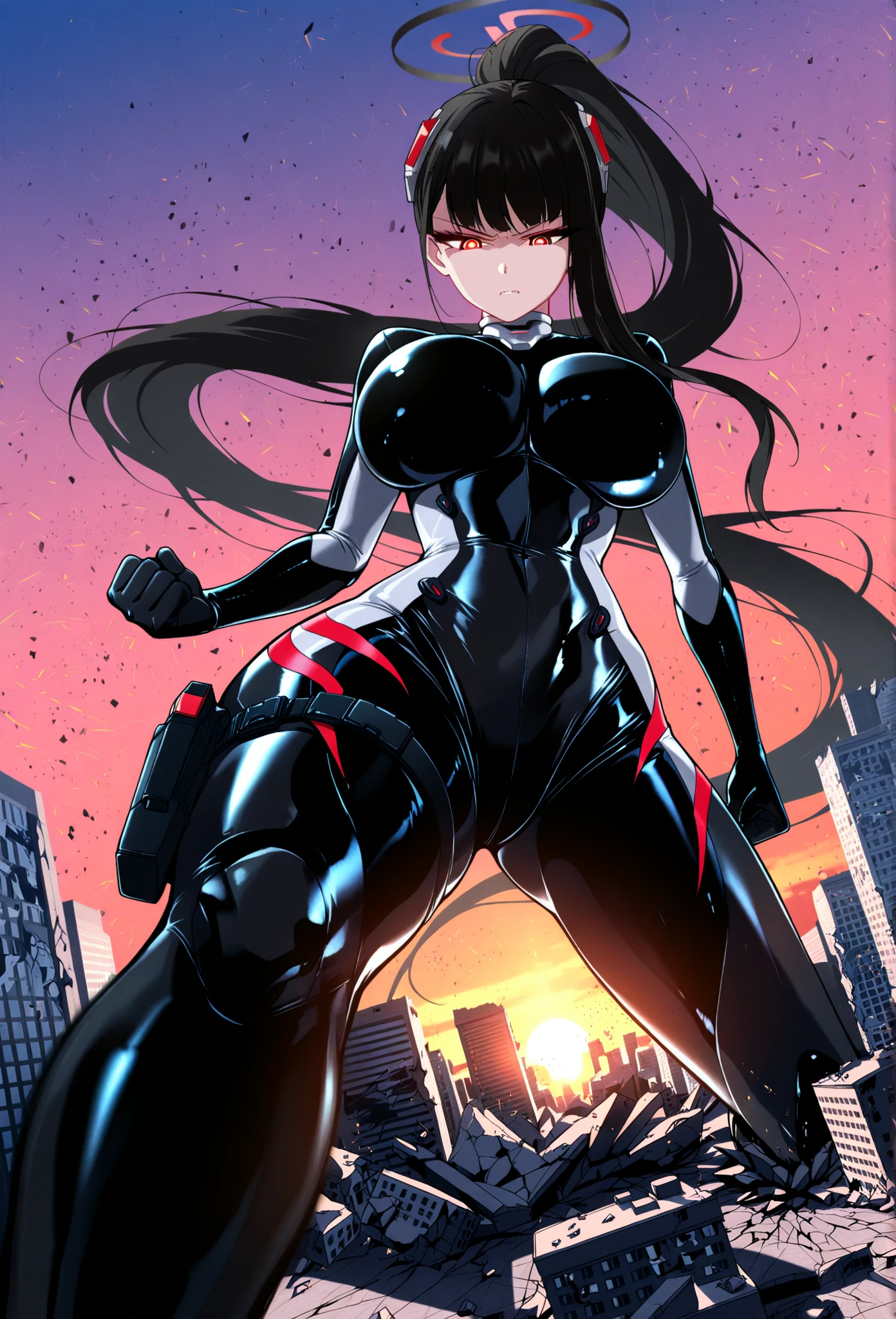 Very detailed, clear, beautiful body, Beautiful nose, Beautiful character design, perfect eyes, perfect face, very high, 4k, Beautiful legs, perfect legs, good hand, perfect hand, Masterpiece, best quality, haveรายละเอียดสูง, illustration, nonsense, perfect anatomy, street fighter, doll set, Chadaloo Doll, doll set, expressionless, empty eyes, look at viewer, red gloves, Emotionless, black Latex, corruption, mind control, female warrior, full body, hypnotized, ความมึนงงที่ไม่haveความสุข, full body suit, Ribbed bodysuit, Both arms are at the sides., obey, perfect woman's body, extremely glossy Latex, hypnosis, Hipnolora, empty eyes, empty eyes, mind control device, Poses, give up_Pose, slave, standตัวตรง, stand, stand at attention, have, necktie, belt, Latex, Ribbed bodysuit, thigh high, garter belt, fighting posture, Extend your right arm away from your shoulder into the air with your hand straight., soldier, thigh boots, 1 girl, hair accessories, black hair, long hair, conjunctivitis, (((Pixel Perfect, perfect detail))), alone, 1 girl, Aya Asagiri, mahouhoujosite, smooth