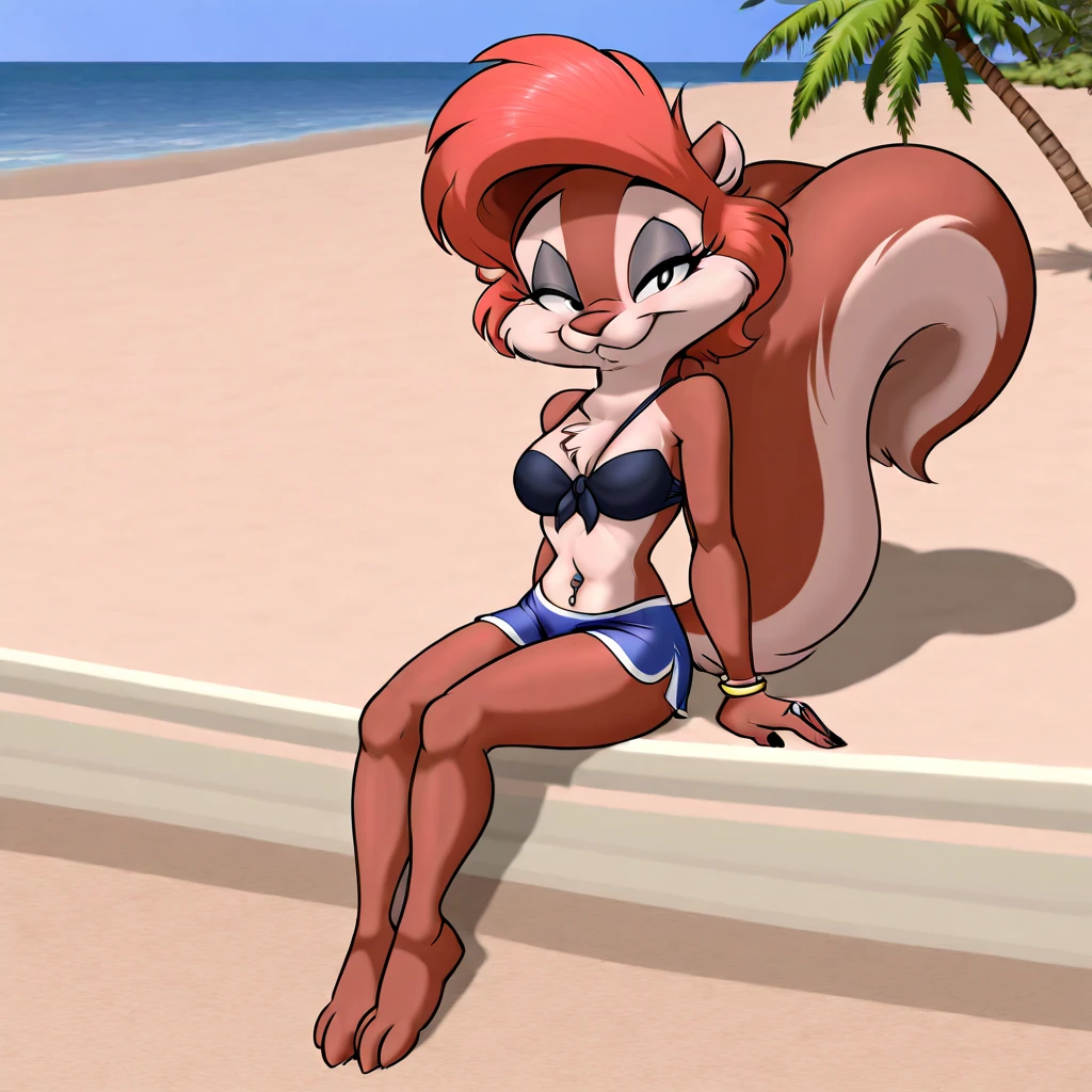"Furry, Sexy Shark girl, wearing a revealing bikini that shows off her large thighs and big breasts, standing by a pool under the moonlight. She has a shark tail instead of legs. The scene has a normal belly, with a seductive and alluring atmosphere."