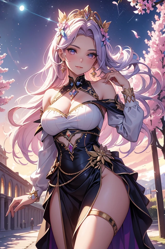 perfect face, perfect hand .A pink haired woman with violet eyes with an hourglass figure in a pretty dress is smiling in a garden