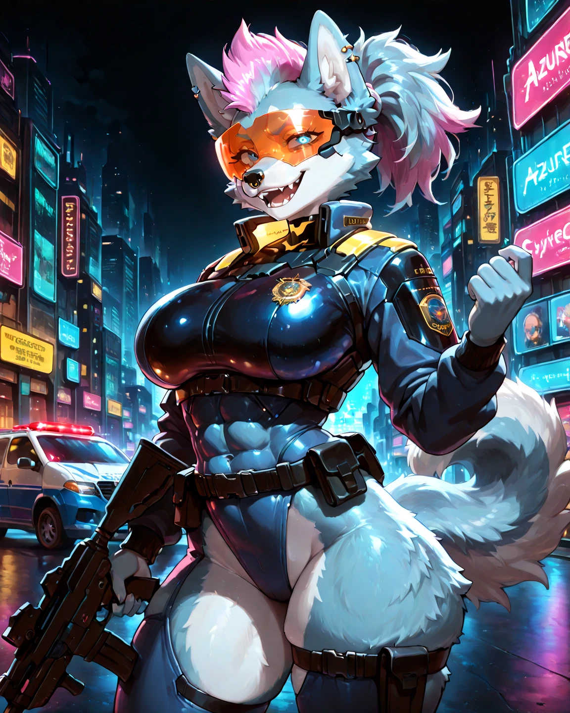 any outfit, any pose, cat, any fur color, any fur pattern, any eye color, and pupil color and shape, ruined and abandoned city, looking at user, any view, any place, full body, massive breasts and hips, undersized or oversized outfit, armed or unarmed, doing anything, tall, adult, full face blush, glowing eyes, any weapon, athletic, headphones [any color], ammo belt, night, rooftop or ground, any expression, doing anything, cybernetic implants, run-down scifi billboards, 4girls, fluffy tail, massive butt
