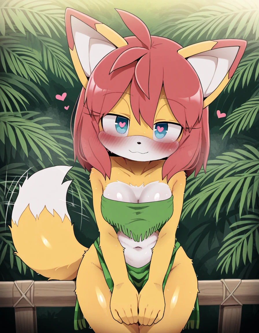 boy, squirrel, furry, bodyfur, green bra, bottomless, green gloves, green boots, chibi, sparkling eyes, penis, testicles, peeing, blush