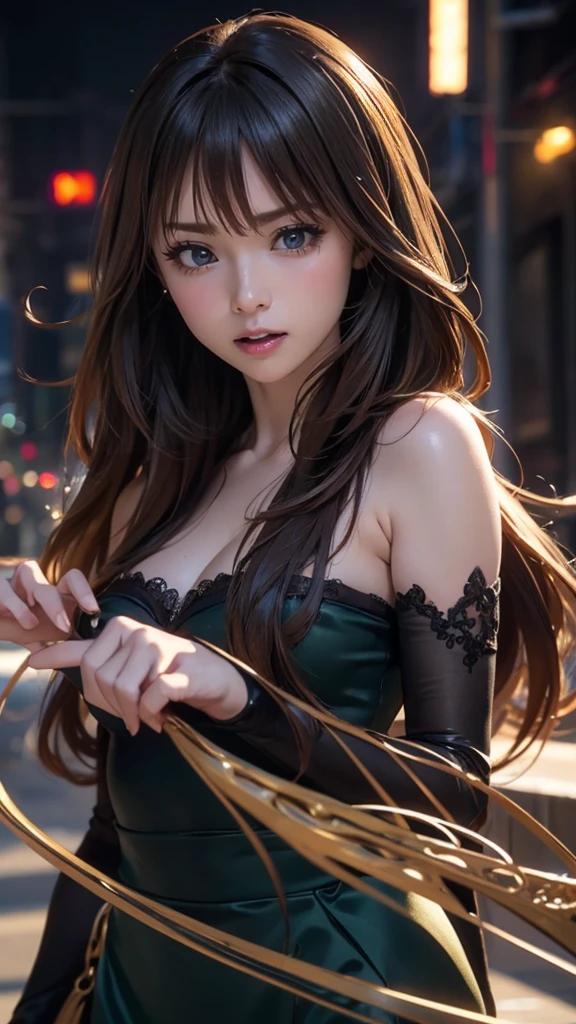(dynamic angle:1.3, front view:1.1, breast focus:1.3, from above:1.1), (((Masterpiece))),(((Super Detail))),(((in 8K))),(((best composition))),(((Rim lighting,Fireglow effect,deep shadow))),solo),Beautiful fingers,Detailed finger features,(Detailed hair features:1.7),(Dynamic and sexy bending pose:1.3),detailed facial features,detailed clothes features, (perky chest:1.1), (pointed chest:1.3), delicate beautiful face, Bright blue eyes, cute eyes, sparkling eyes, Big eyes, beautiful detailed eyes,(masterpiece), (best quality), detailed, 1 girl, soro, twintails, long wavy hair twintails.hairs between eyes,dark green eyes ,dark green hair, (magical girl:1.2), bow, dress, (pink:0.6), over legwear, boots, too many frills, too many bow, standing,striped panties.magical stick, mechanical stick, magic cercle, flying,