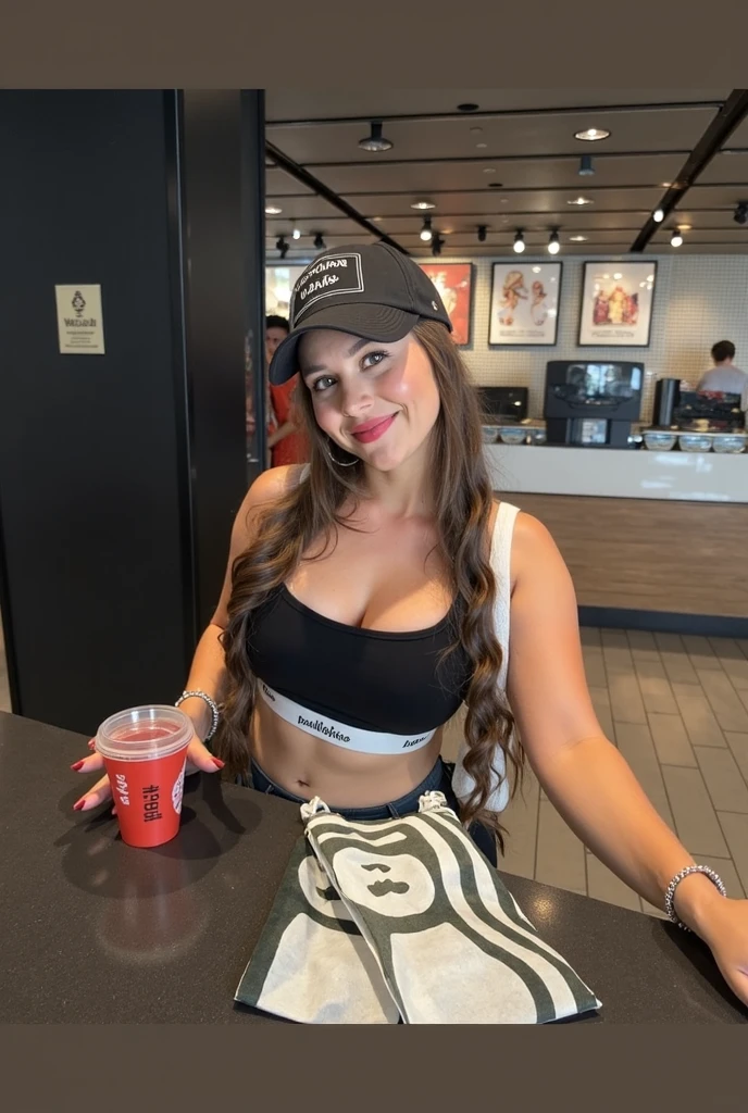 Woman in yellow pants and black hat holding a beer, segurando uma cerveja!!, andrea rocha, Alanis Guillen, segurando cerveja, wearing a chocker and cute hat, Foto POV, segurando uma cerveja, 2 5 I, ligeiramente desfocado, Marischa Becker, non blurry, Lorena Avarez, taken in the early 2020s