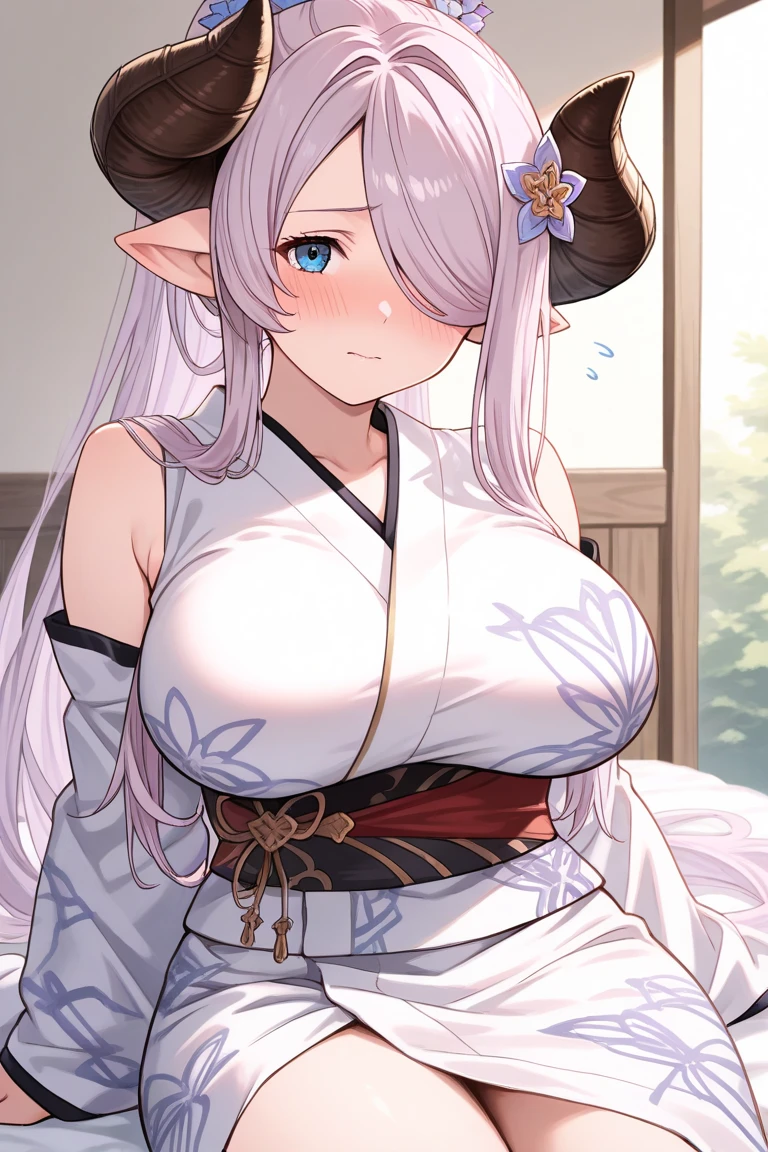 (masterpiece), best quality, expressive eyes, perfect face, long white Hair, orange eyes, milf , pink lips , milf face, cow pajamas ,cow ears , cow girl, 1girl, smile, Japanese room , IncrsHeadGrabPOV,madure girl