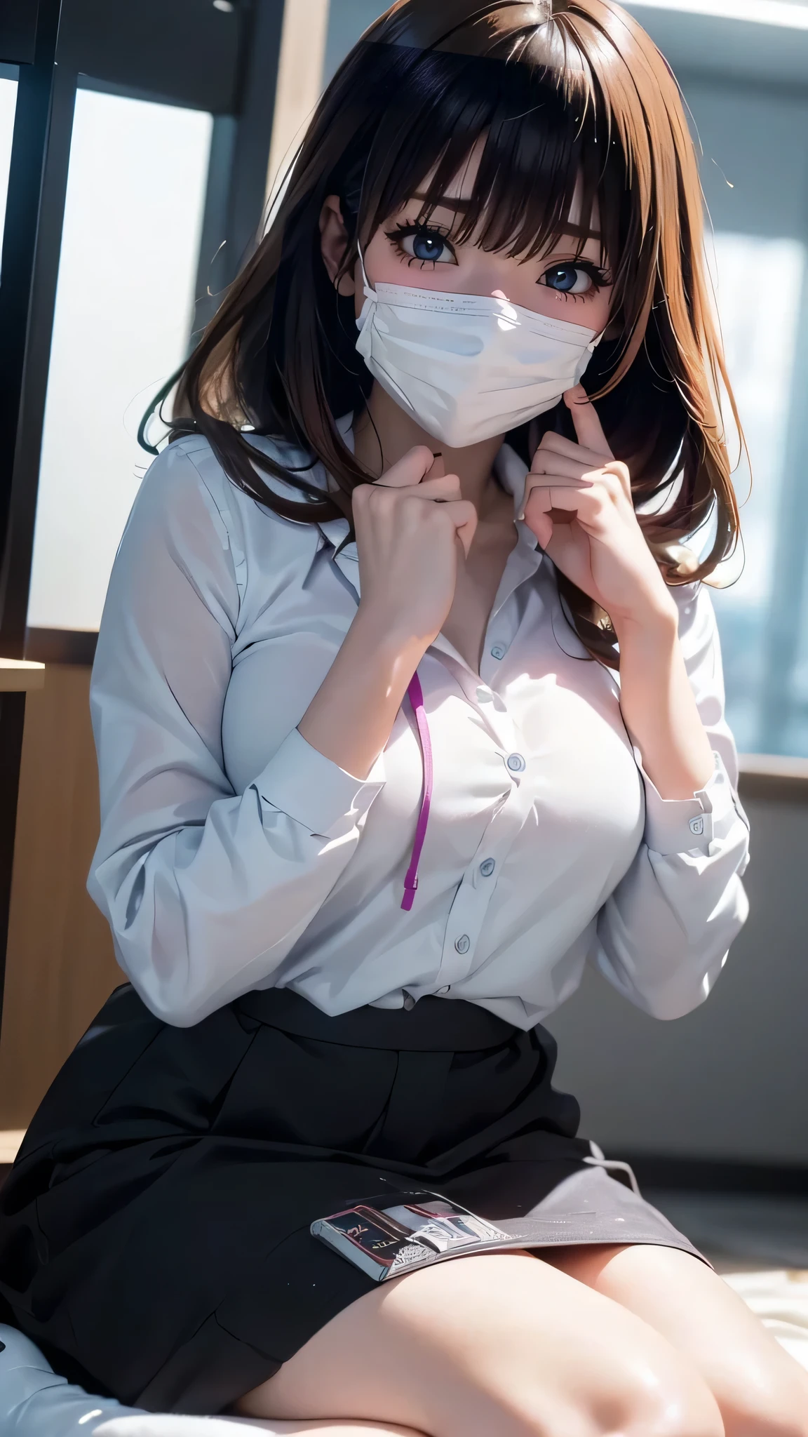 8k (Stamford:1.5), masterpiece, Top quality, Raw photo, Photorealistic, Full body, incredibly ridiculous, Beautiful girl, fluffy short hair, Messy hair, Smile, Close mouth, Beautiful legs, Tall woman,beauty, depth of field, High resolution, Ultra detailed, Fine detail, Very detailed, Very detailed eyes and face, Sharp pupils, Dark brown pupils, realistic pupils, hospital receptionist, clerk's uniform, tight uniform, chest open, large chest (large cleavage), white underwear, sheer shirt, Japan person, sweaty chest, skirt with slits, (gray tight skirt along the thigh), miniskirt, glasses, white mask, medical record,