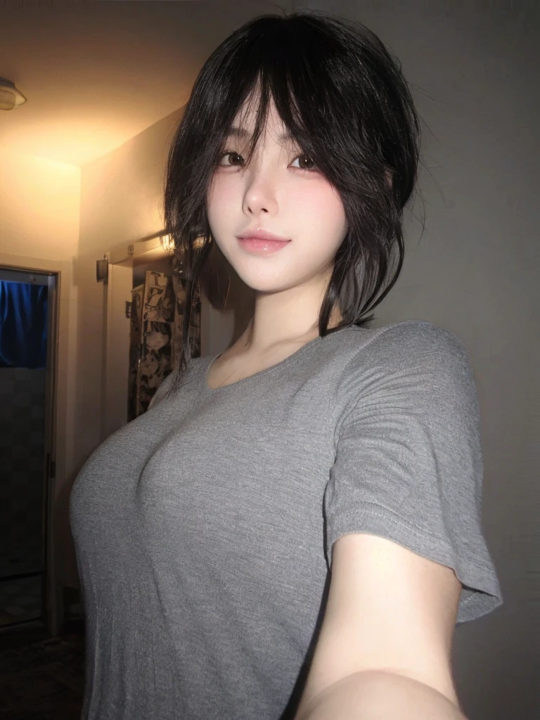 Beautiful, daughter-in-law, japanese, voluptuous, tshirt knit vneck, sports short pants, In the kitchen, soft gaze, seductive facial expression
