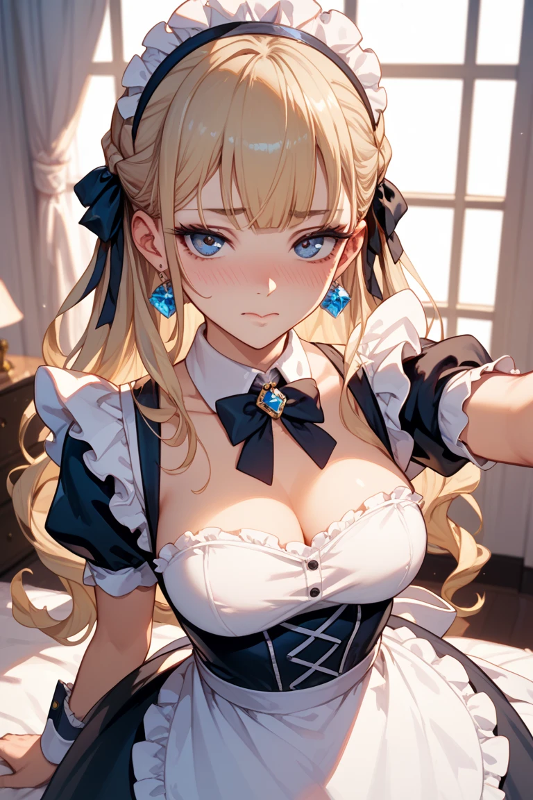 masterpeace, Best Quality, high resolucion, 1girl, hayasaka ai, 独奏, blonde hair, maiden, blue eyes, Side ponytail, hair scrunchie, hair ornament, blue scrunchie, maid headdress, top angle view, apron, Hair between the eyes, big breasts, Bikini only, Cowboy shot, a smile, open mouth, Extended language, leaning forward,