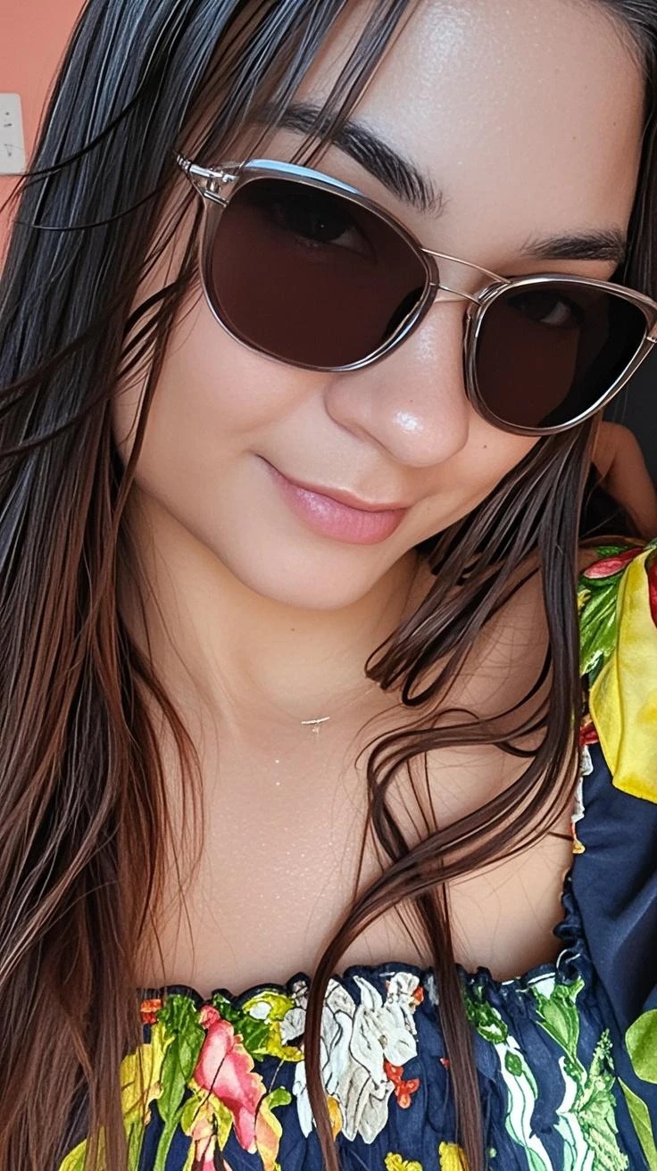 Mulher branca, cabelo curto, na praia, biquini pequeno, seios grandes, oculos preto,