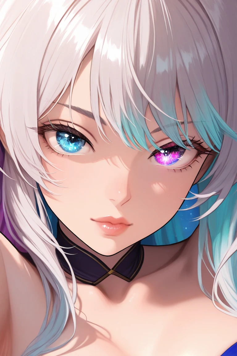 a close up of a woman with a white dress and a blue background, glowwave girl portrait, glowing with colored light, glowing face, light makeup, glowing aesthetic, ulzzang, with glowing eyes, 8k artgerm bokeh, glowing magical eyes, eyes glowing, magical glowing eyes, bright multiple glowing eyes, piercing glowing eyes, neon glowing eyes