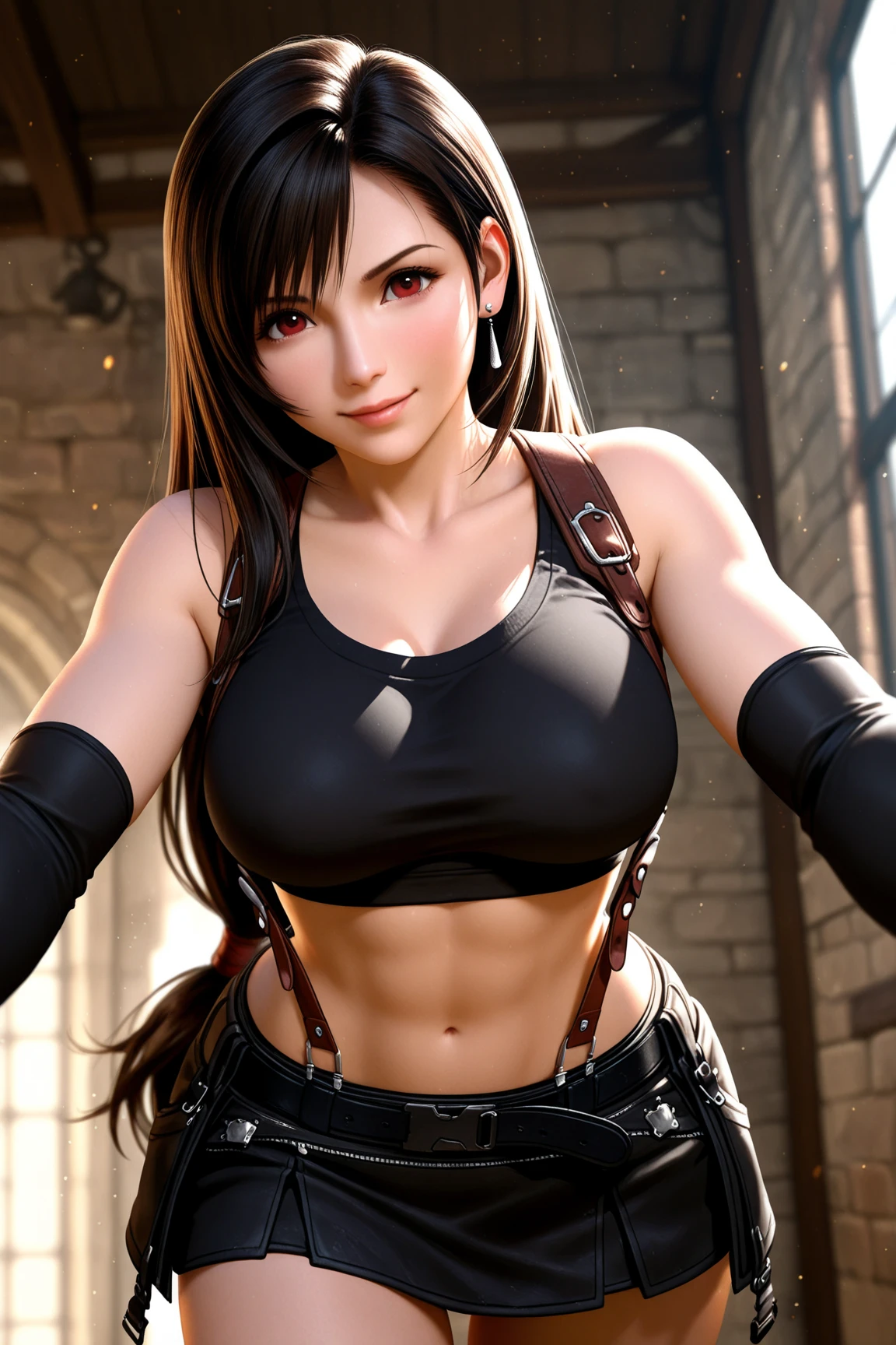 Araffed woman in a black leather outfit posing for a photo, Tifa Lockhart, Tifa, seductive Tifa Lockhart portrait, Tifa lockheart, Tifa Lockhart portrait, portrait of Tifa Lockhart, glamorosa Tifa lockheart, Tifa Lockhart with white hair, very detailed character, April render, photorealistic render of anime girl, anime rudo 8k
