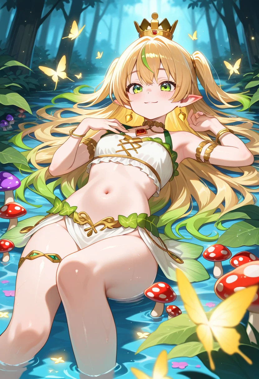 (masterpiece, best quality, very aesthetic, absurdres, :1.2), (1girl, blonde hair, splead regs:1.3), A beautiful, high-quality 2D anime-style illustration created in the style of a collaboration between ufotable and Makoto Shinkai. A 30-year-old blonde, blue-eyed elf with long legs stands in a disturbing pool of mealworms. She is wearing a very cute bikini and a tiara that gives her the appearance of a noble Japanese princess. The mealworm pool is brown and murky, with countless mealworms writhing and the surface constantly moving, creating an eerie atmosphere. The background features a vivid blue sky. The overall mood is a unique blend of beauty and eeriness, with the elf's expression and posture suggesting an impending marriage with the mealworms.