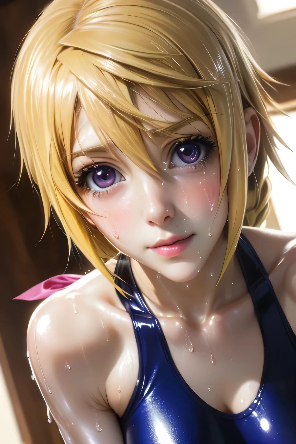 perfect anatomy　Highest Quality,highest resolution,((( shiny competitive swimsuit 　shiny blonde　sweat　shiny skin)))　Charlotte Dunois　Infinite Stratos