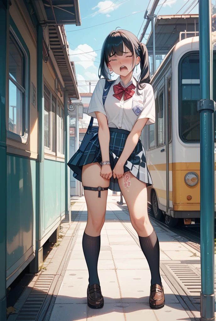 pieces fly、masterpiece、highest quality、Super detailed、High resolution、High resolution、8K portrait、Unity 8k壁紙のHigh resolutionCG、unity 8k wallpaper、cute type little:1.5、:1.5、Highly detailed CG unity 8k wallpaper、realistic、real person、cute type little、 portrait photography、shiny skin、High resolution、(16 years old:1.2)、(1 girl)、beautiful clear eyes、very detailed explanation、delicate face、nice lips、slender body、Big breasts and a narrow waist、thin legs、(on the train:1.6)、1 girl, cute type, perfect face, seriously, (blush:1.5),(light brown bob hair:1.2),((there are many people nearby:1.4)),small breasts:1.5,((school uniform:1.2)),(((clothing lift:1.5))), (((I have nipples)) Detailed description vagina,show vagina,spread legs,spread ,((Orgasm in the vagina:1.5))