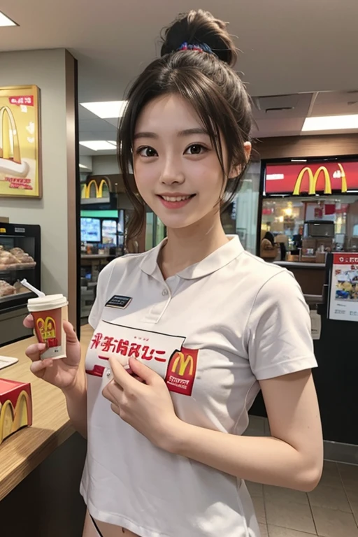 ultra realistic photograph of a not very pretty 15 year old girl looking to her left side very subtly, sentada em uma mesa do McDonald's, com leve sorriso no rosto, background with medium blur, e sem palavras na imagem Beautiful tits.