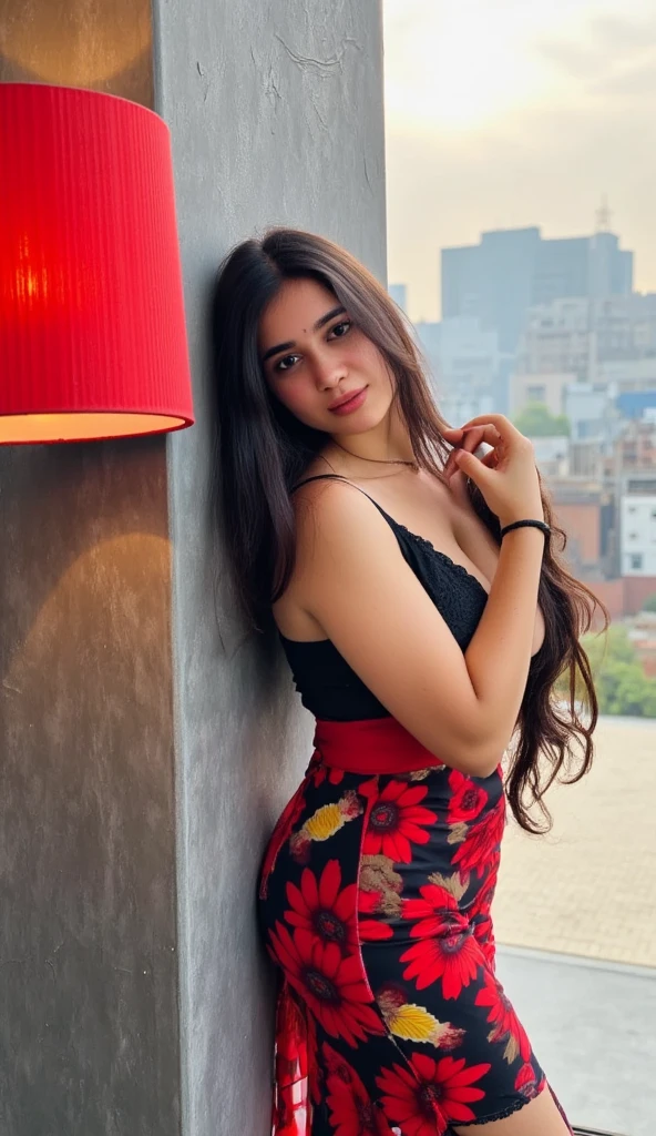 A cute 20 years old indian girl , simple smile without showing teeth , rough dry face skin , , sexy and hot , pink modern dress , big boobs , in a room