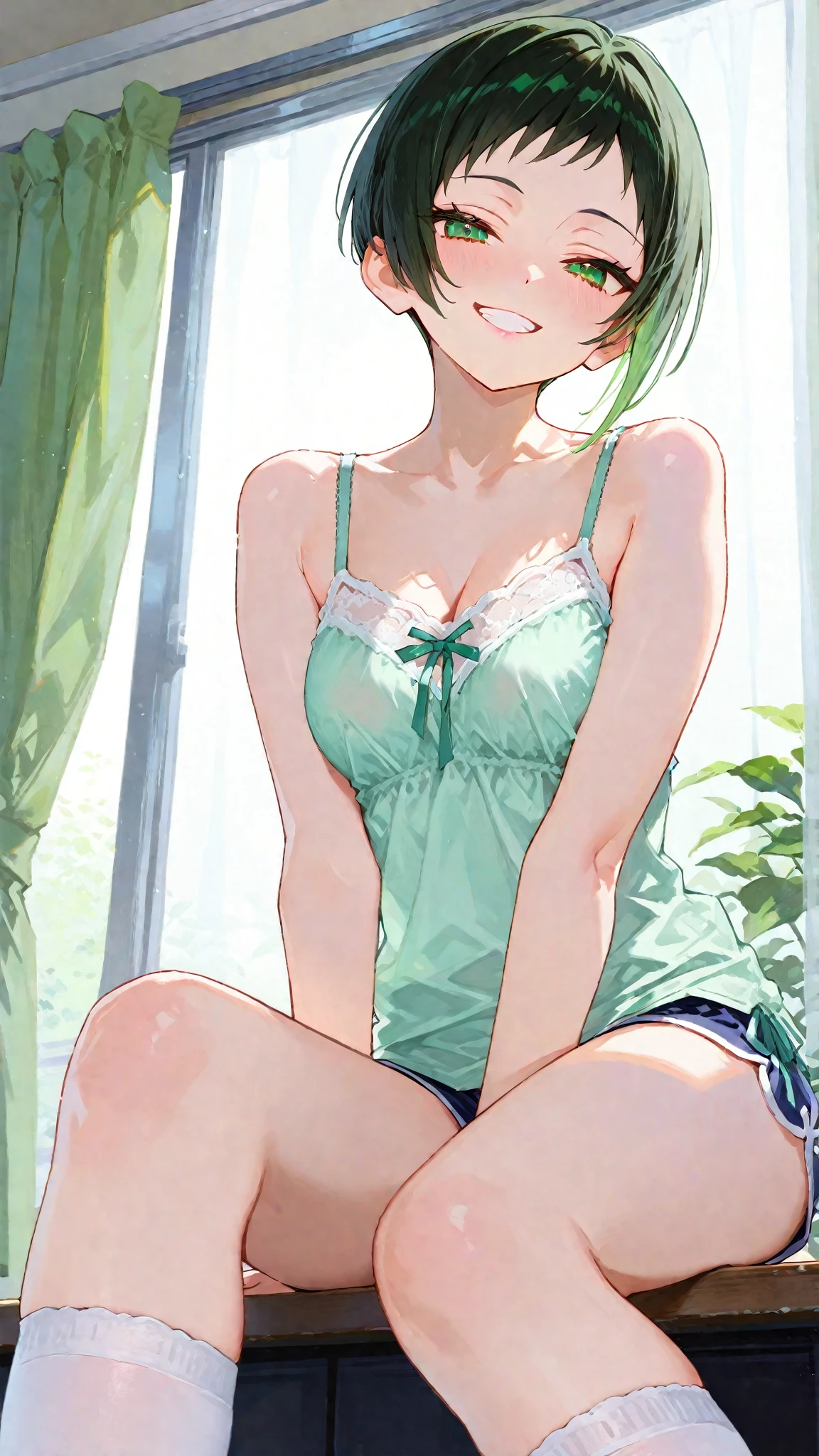 One girl,Kaoru、smile、Gentle expression、Welcome、The whole body is shown、Leaning forward、Cleavage、noon、Rural Scenery、Sitting、Leg spread、looking viewer,Cute white camisole,panty shot,Light green panties、A complete depiction of the human body、masterpiece, Highest quality, Game CG, 