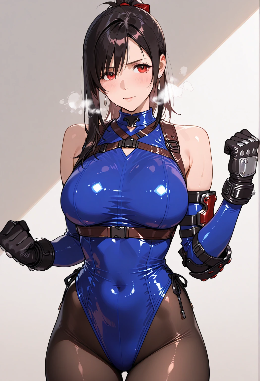 1girl, blonde hair, pixie cut, very short hair, blue eyes, mouth mask, mask, large breasts, thick thigs, kunoichi, ninja, knife, pantyhose