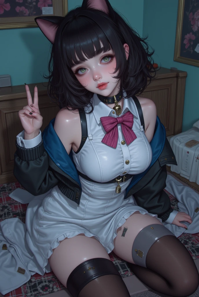19 years old, hyper realistic, 8k, fine detail, beautiful face, full body shot, topless, bare breasts, beautiful breasts, small pierced nipples, glistening skin, tiny lifted red plaid schoolgirl skirt, hairless, white stockings, wearing a dog collar, best quality, masterpiece, extremely detailed, in a basement