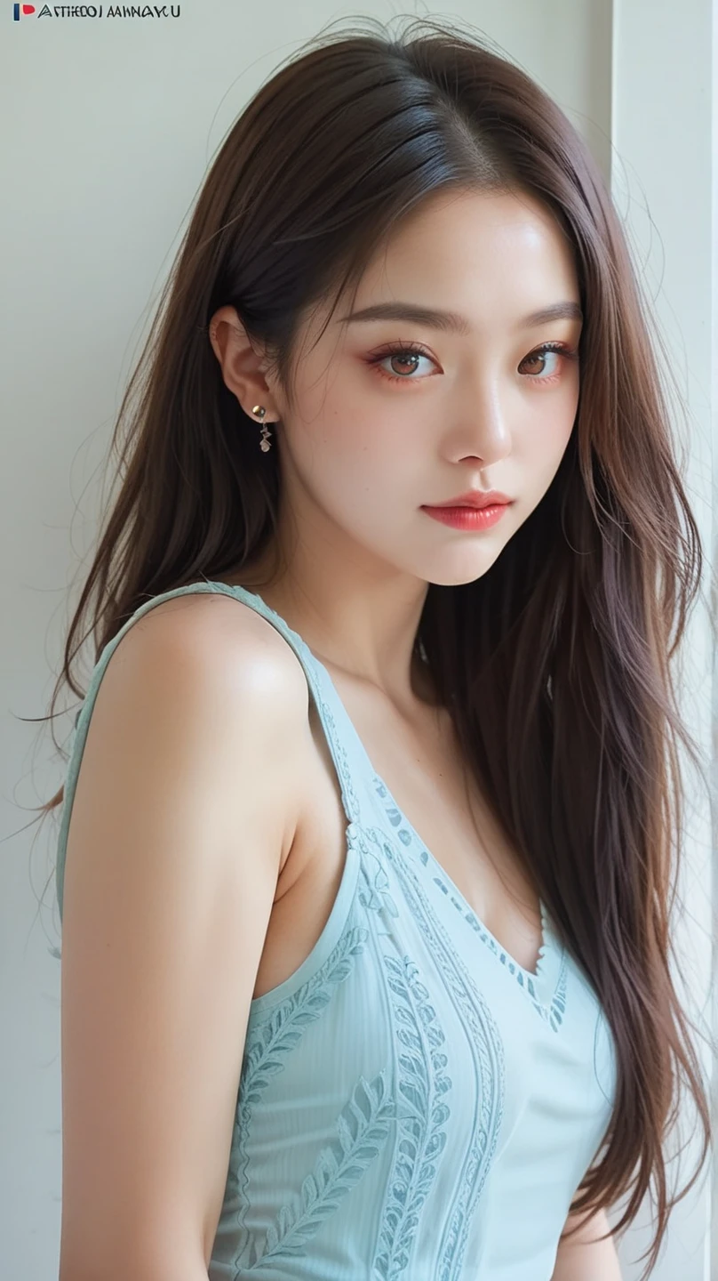 19 year old girl, height of 1.56, weight of 42Kg, Blue-green eyes, straight hair on top and wavy at the ends, waist length hair, light pink skin, blushing cheeks, redonda story, color of her hair black brown, realistic style,
