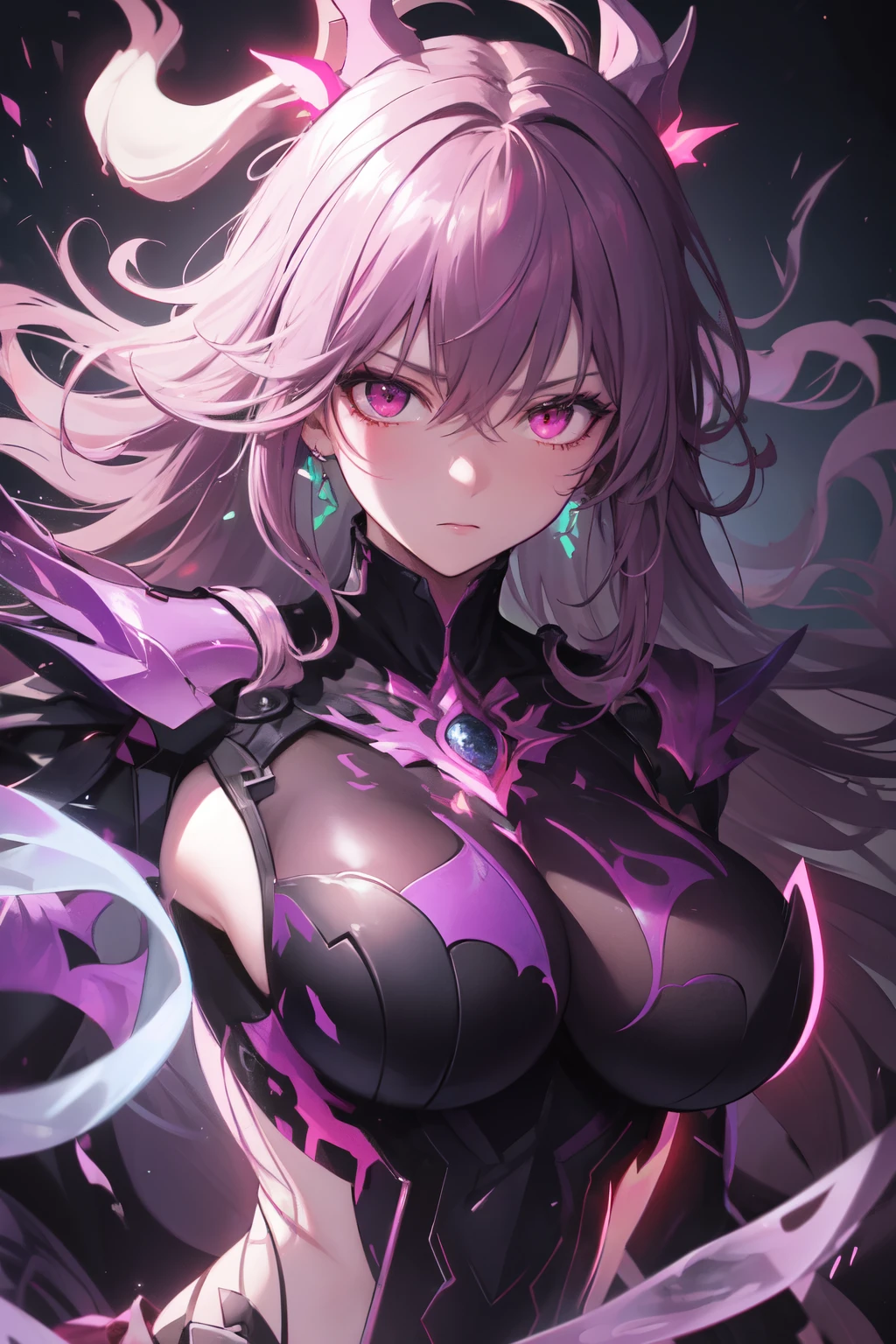 Create an image of the most stunningly gorgeous beautiful wicked oni shion, Stunningly gorgeous perfect face,  perfect makeup, detailed perfect silky smooth skin texture, detailed hour glass body figure, very long styled hair, shion armor spike,