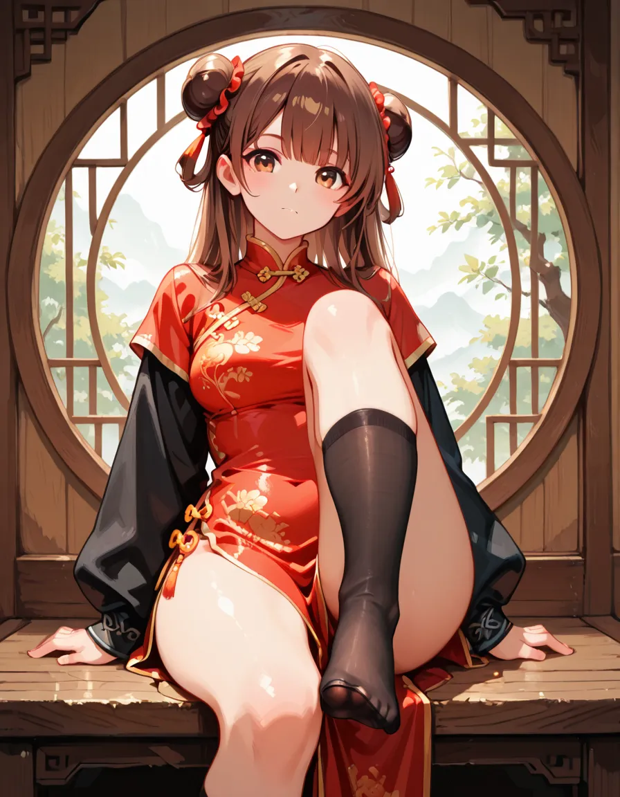 masutepiece, High quality, Best Quality, High resolution, 4K, High Definition, Beautiful lighting,Highly detailed face, well-drawn hands, well-drawn legs,well-drawn feet,well-drawn eyes,1girl in,kaede, Brown hair, Brown eyes, Medium breasts，red cheongsam，red shorts，knee high socks，Short boots，Chinese style streetscape，Two buns of hair