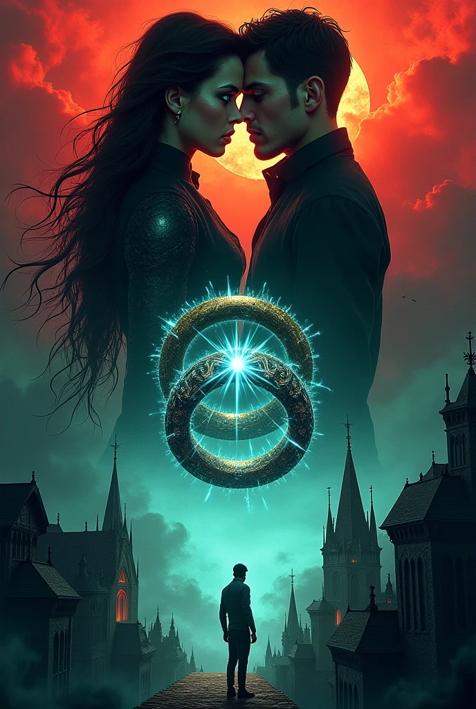 A photo shows the man holding a woman Symmetrical fantasy RPG portrait, arte chave detalhada do anime, Symmetrical Epic Fantasy Art, , geometria sagrada, Fibonacci, homem moreno, careca, intertwined with woman, cabelos longos