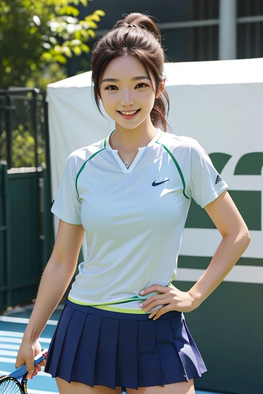 (masutepiece:1.3), (8K, Photorealistic, Raw photo, Best Quality: 1.4), Japanese, (1girl in), Beautiful face, (Realistic face), (Black hair), Beautiful hairstyle, Realistic eyes, Beautiful detailed eyes, (Realistic skin), Beautiful skin, Attractive, 超A high resolution, A hyper-realistic, Highly detailed, Golden ratio,1girl in,(18year old:1.5),Small breasts,japanaese girl ,Smile,tennis,Tennis Wear,skort,Yonex,Wavy Hair,(Medium Hair),Hyper Detail Hair,Photo of Pretty Japanese girls,hair blowing in wind, Facing,Short sleeves、(no-bra)(Small beautiful hard(Thin, moist buttons up to shirt length:1.1)、(Tennis clothes wet in the rain)、wetbody:1.1、