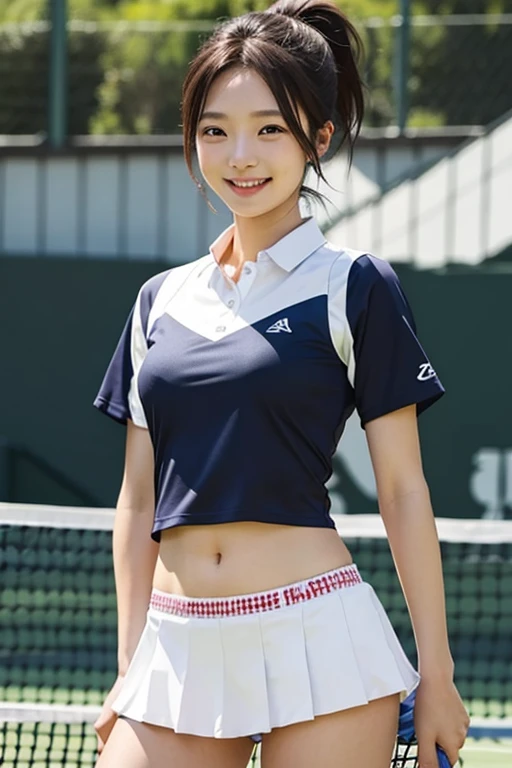 (8K、Raw photography、highest quality、masterpiece:1.2),(black haired、twin tails:1.7),show viewer,Looking at the front,erotic,white skin,(wearing a pink and white tennis uniform:1.6)、(Clothing that emphasizes the shape of your chest、exposing one's skin:1.4)、(big boobs:1.3)、slim body shape、ultra high resolution,beautiful,beautiful fece,(alone, alone、no background:1.9),whole bodyボディー,japanese woman,(Photoreal:1.37)、photon mapping,reality、(Cute with a baby face: 1.3)、(cute smile: 1.7)、(With a round face: 1.8)、radio city、Physically based rendering、depth of field rally background、photograph, (I can see your knees,close up of thighs、show panties:1.5),whole body、super fine