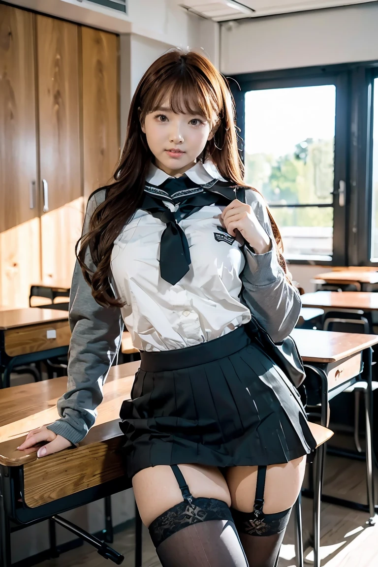 ((masterPiece, best quality)),The best aesthetics,1 girl, , table, sit, school table, brown hair, classroom, long hair, In the building, chair, look at viewer, :P, Focus only, brown eyes,บิกินี่สีขาวPencil, , Pencil case, PaPer, black seraph, multiPle girls, Pleated เรียบ, headrest, school bag, school chair,sitกางขาออกจากกัน