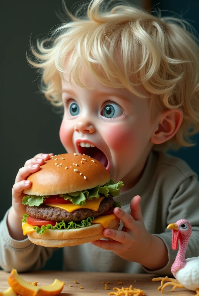 Blonde Girl Child Eating A Burger Falling into Juicy Pieces, saboroso, quente, foto promocional, detalhes intrincados, HDR, cinematographic, Adobe Lightroom, altamente detalhado