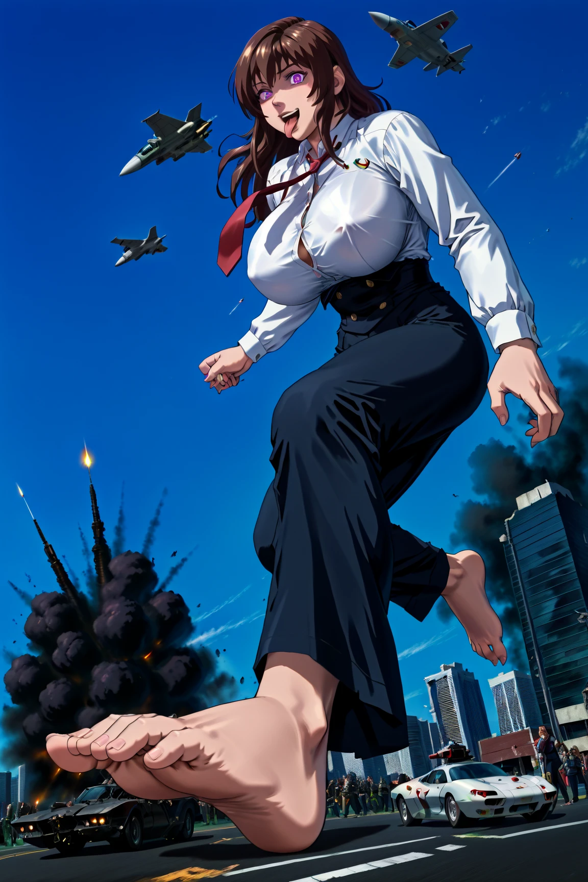 Japanese manga comics ,  Super busty female giant , ((large barefoot feet)),((The whole body is shown)),she's attacking the city,   Army , ((fighter jets fire rockets and missiles to attack a woman)), ((A small explosion from a woman's body 1:8)),action scene, ((dark long brown hair, expressive eyes with tongue, PURPLE EYES)), detailed eyes drawn on a giant figure covering a small city, Giga Giantess, hidden nipples,   super detailed eyes drawn on a giant  , Nipple Dent,  buttons make me nervous ,  , detailed eyes drawn on a giant, wearing a red tie and a fitted white button-down shirt, Size Difference, her breasts are getting bigger and bigger, wicked laugh , destroyed building, Plume of smoke,Blue Sky