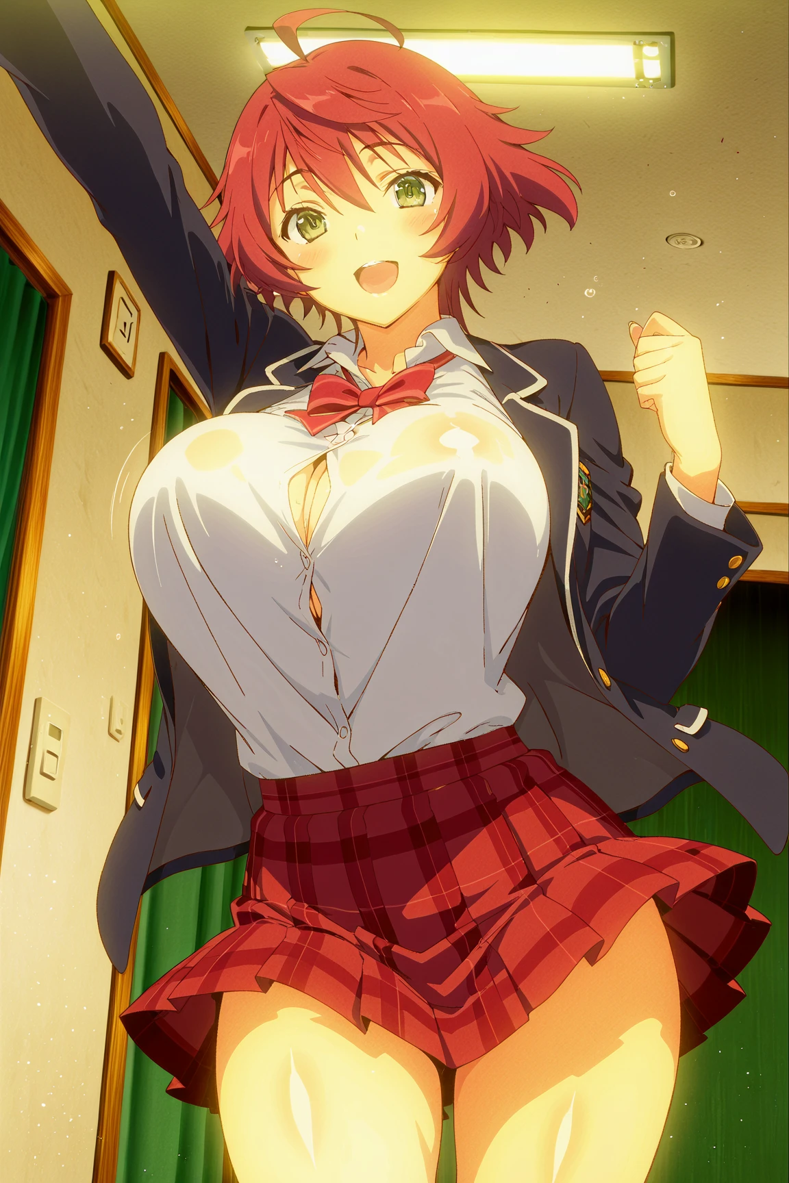 (masutepiece, Best Quality, Perfect Anatomy, High quality:1.4), absurderes, absolutely resolution, unbelievable Ridiculous, hight resolution, ultra-detailliert, Official art, Unity 8k壁纸, Kinetic typography,nice hand, Perfect hands, Detailed beautiful hands, Large_filesize, fulcolor, hight resolution, symmetric, exceptional, Best aesthetic, newest, Anime, very beautiful detailed body,The hair,faces,The eye, BREAK, 1 beautiful girl, Solo,(Kawaii type:1.5),(Chibi:0.8), (kawaii:1.5),(Lori:0.5), BREAK, (girl, Kawaii type, Cheerful, loli faces, medium breasts:1.2),(Pink hair,disheveled short twin tails,tareme,Gold eyes of the upper The eye user:1.2),gleaming skin,Clear skin, cleavage of the breast,Beautiful , gleaming skin,Clear skin, Beautiful skin,( Hey hey lol faces:1.5),(top quality faces),(The eye shines with the highest quality), (best lol faces,smug faces:1.45),

BREAK (red theme:1.5), (fit body:1.3), (tight long sleeve (red blazer) with (double-breasted):1.4), (double-breasted), (emphasize cleavage:1.3), (collarbone:1.2), ((red) pencil skirt:1.5),
BREAK (black theme:1.2), (black pantyhose:1.3), (high heels:1.2),BREAK,(Office, desk work, whiteboard, sofa, buildings from window,Makuhoku Computer,
(upward looking gaze :1.2) ,
Looking Up ,
From  above ,depth of fields,

 BREAK,wakame,wakame,wakame,(Cowboy Shot:1.4), 

BREAK,(Blurry background:1.3),(absurderes, hight resolution, Super Detail Art),cel shading,Clear Color, Lonely optical effect, Beautiful pictures, Bright glow, mystic atmosphere,(Close-up of girl:1.1), Mystical light particle effect,manga influence, clean line drawings,