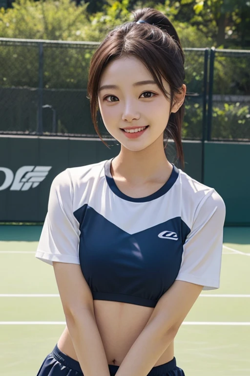 
pieces fly、masterpiece、highest quality、Super detailed、High resolution、High resolution、8Kんportrait、unity 8k wallpaper、Detailed CG、realistic、real person、portrait、HD Fine、High resolution、Very detailed explanation、beautiful clear eyes、very detailed explanation、delicate face、nice lips、thin waist、thin legs、(16 years old)、(cute)、(big breasts:1.2)、(colorful sleeveless track and field uniform:1.6)、(athletics stadium:1.3)、(big smile)、(abs:1.2)、(cute)、wavy hair、(My nipples hit my clothes:1.4)