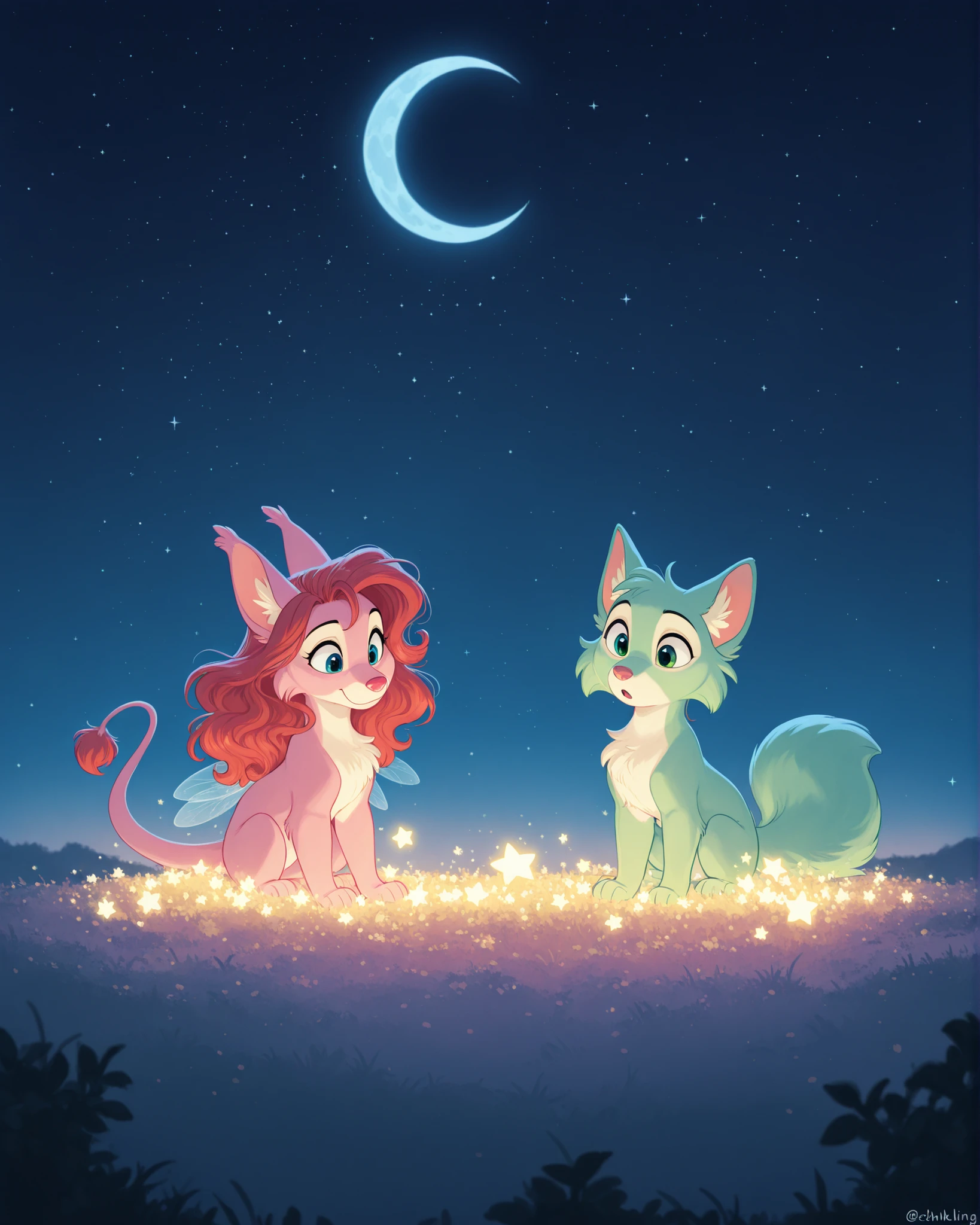 A dreamy, magical night sky scene. A young, glowing anthropomorphic star is shining brightly and gazing down at the Earth with a soft, curious expression. She floats among many other stars, each twinkling gently. Nearby, a calm, wise-looking Moon with a peaceful face watches over her. The sky is deep blue with a gradient of starlight, creating a serene and enchanting atmosphere. The mood is magical and full of wonder, like in a ren’s fairy tale.