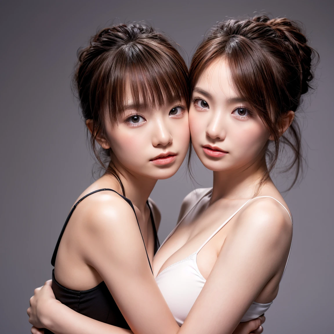 Two people facing each other and hugging happily、Two people hugging each other happily、Two people hugging each other tightly、Both of them stare intently at the camera、Lesbian couple、Lily couple、((Kissing on the cheek))、Two pretty and pretty girls、​masterpiece、top-quality、realisticlying、realisitic、Seductive bright smile、Both of them have short clean hair with bangs、Both have short hair、clean hair with bangs、The bikini、(Very small bikini)、Sleeveless、enticing eyes、Both have big breasts、large full breasts、(cleavage of the breast)、(Immaculate white background with nothing really)、(24 year old）、ighly detailed、tall、neck long、Straighten your back、Put your ears out、Highlights in the eyes、lipgloss、glowy skin、White-colored skin、Clean collarbone、closes mouth、Close your mouth and smile、Happily、Nice proportions、lovely、Charming and endearing、Bikini in colorful random colors、((Both have short hair))