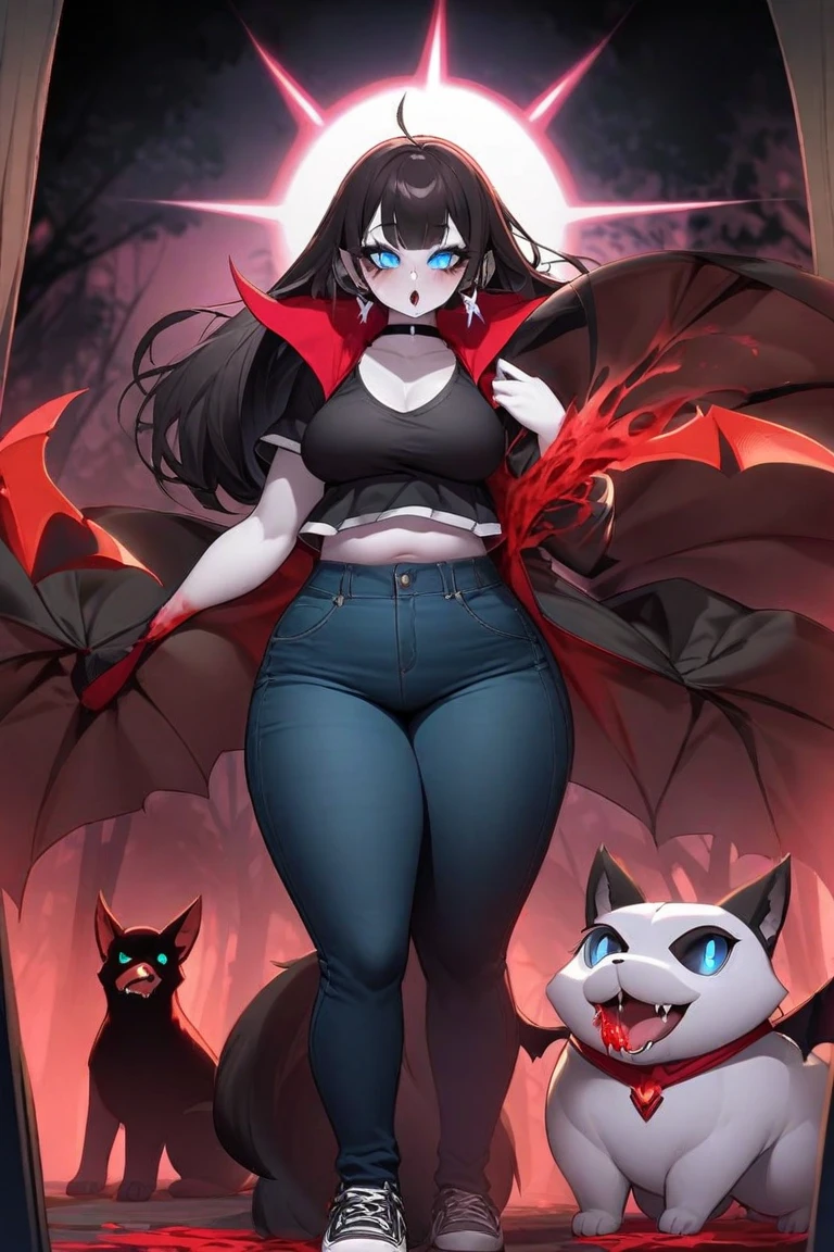 beatrice, batwing, bat ears, bikini, black hair, short hair, tomboy, red eyes, gothic, thic eyeslashes, go nagai style, full body, fliyng, curvy, big breast, sharpteeth, open mouth, smile, smug