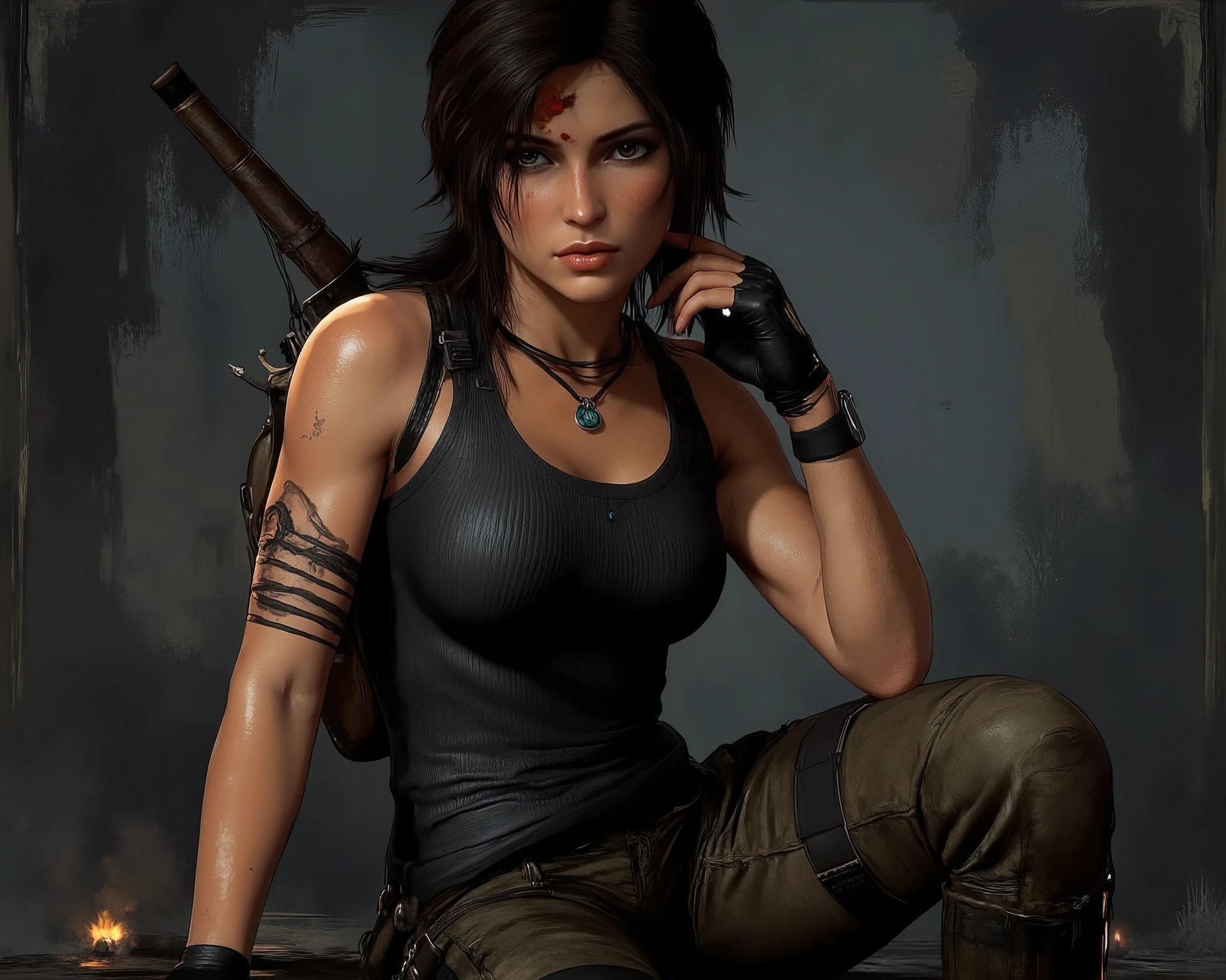 In the photo Lara Croft is in a sitting position, turned slightly to the side, a bal keze a combján nyugszik, while touching her hair or the back of her neck with her right hand, ami laza, giving her a thinking or just resting pose. Her gaze is fixed directly on the viewer, which creates a direct connection.
Her clothing reflects a classic adventure style:Top: Dark or dark gray color, sleeveless jersey, which is body-upright and leaves part of his belly free.
bottom: Olive green or khaki, wide cut, he probably has cargo style pants, with numerous pockets. Wide at the waist, Black belt, with a sturdy buckle.
Accessories:
A pistol bag is fastened on his right thigh, inside with a dark-colored gun.
On the left shoulder a similar, smaller bag hanging.
He wears a thin necklace around his neck, On it a distinctive, maybe blue with pendant.
On the hand, more precisely on his wrists and fingers dark, sleeveless gloves or hand guards are shown.
Haj:  long , barna haja van, which is woven into the characteristic pigtail, although some strands fall freely in the in his face and on his shoulders.
Arc: Face wears a fine print, eyes are sharp and expressive, which suggests the character's determination and intelligence.
His whole appearance is prepared for survival and adventure, yet shows the image of a feminine and strong character