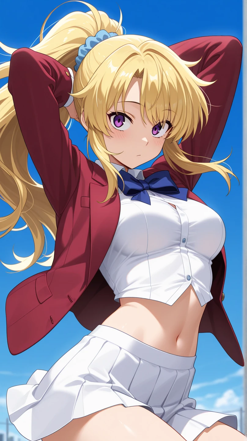 a cartoon-style anime girl of some sort, red dress and high heels, 1girl, breasts, blonde hair, braid, dress, blue eyes, animal ears, stage lights, rabbit ears, sleeveless, open mouth, hat, covered navel, large breasts, hair over one eye, red dress, long hair, smile, sleeveless dress, hand on hip, short dress, blush, nurse cap, solo, thigh strap, sideboob