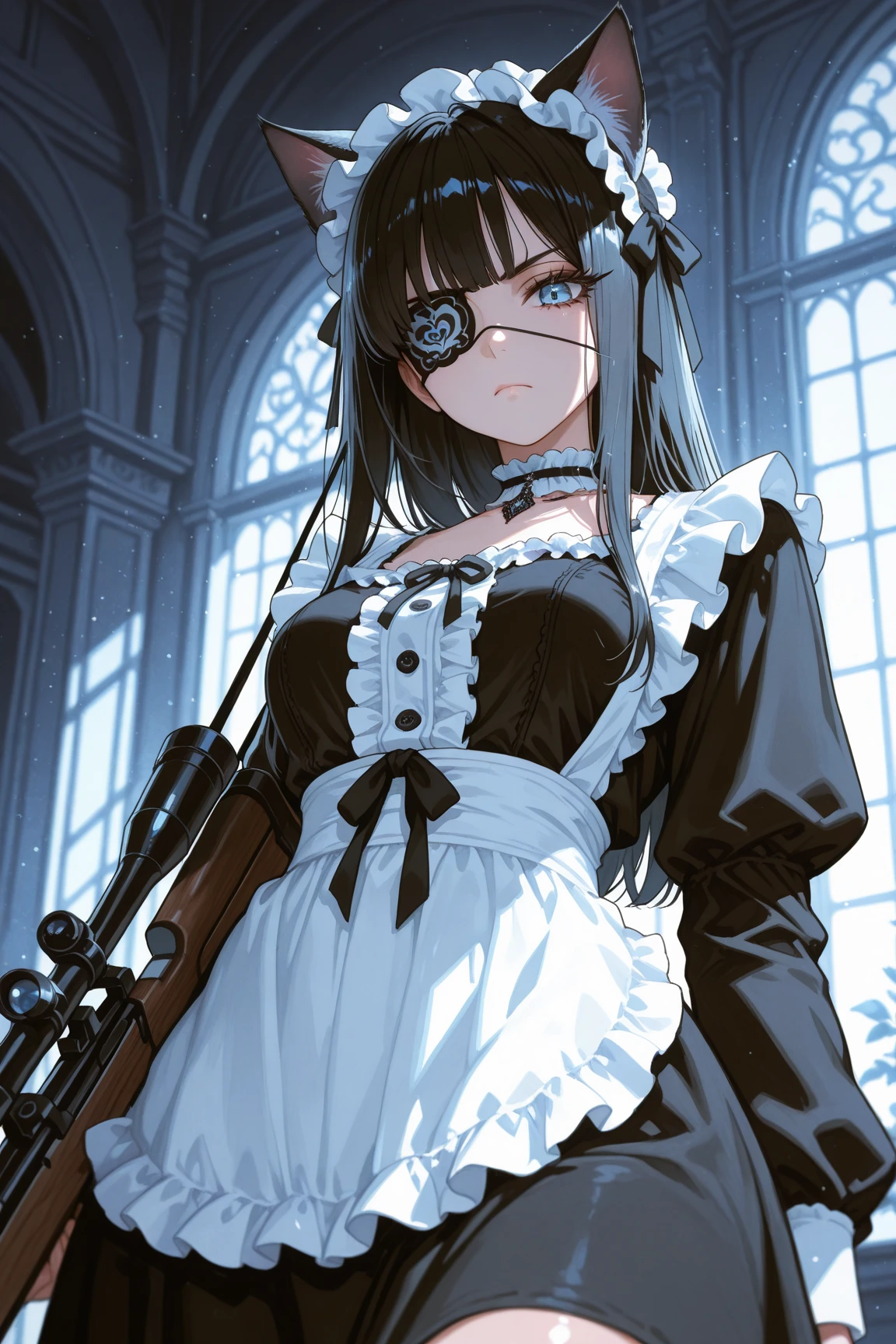 by ttosom, 1 girl, blue eyes, CuteStyle, upper body, brown hair, long hair with bangs, dressed in a long black maid dress, white apron, white sleeve cuffs, long sleeves, white maid headdress, black transparent tights, standing indoors, black fog around the room, looking at the viewer, angry look, strict look, blood on his clothes and on his face, holding a pistol in his hands, the muzzle of the pistol is pointed at the viewer, in detail, beautifully, gentle tones, close