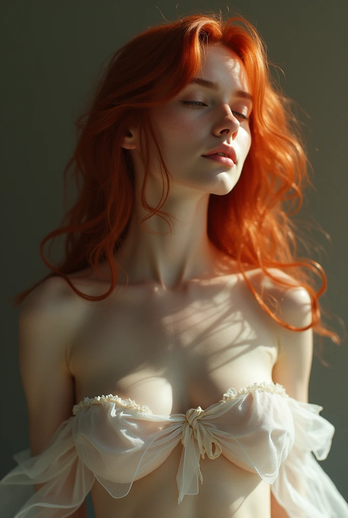 Cinderella, (masterpiece), best quality, (seethrough), expressive eyes, perfect face, squatting woman, redhead