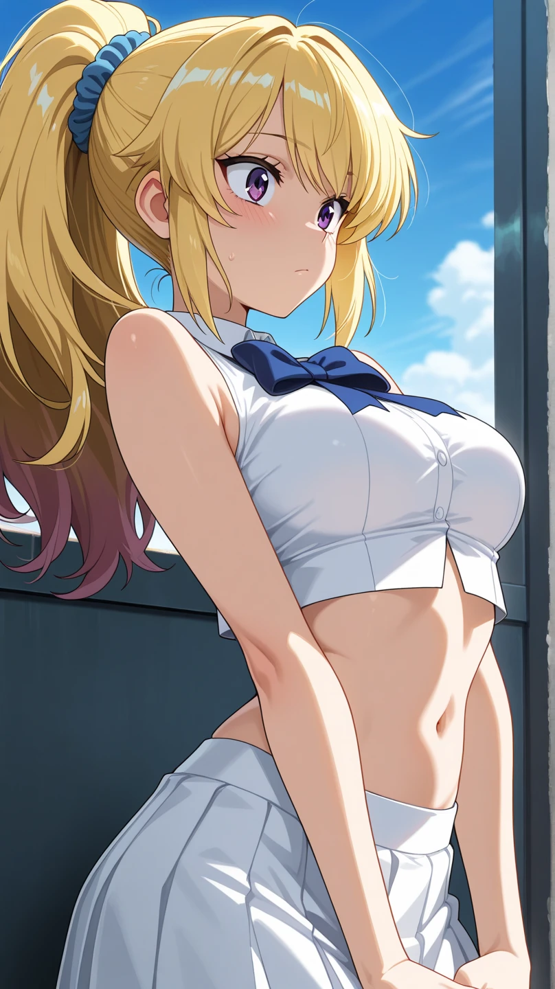 blonde, navel, gal, blush, invincible smile, creepy smile, erection, (brown skin:1.2), big tits, wet teka, photography, best quality, masterpiece: 1.2, (realistic, photorealistic: 1.37), fine lashes,, areola look, panties, wet uniform, girl, dark blue pleated skirt, brown skin, summer clothes, wet shirt, naked