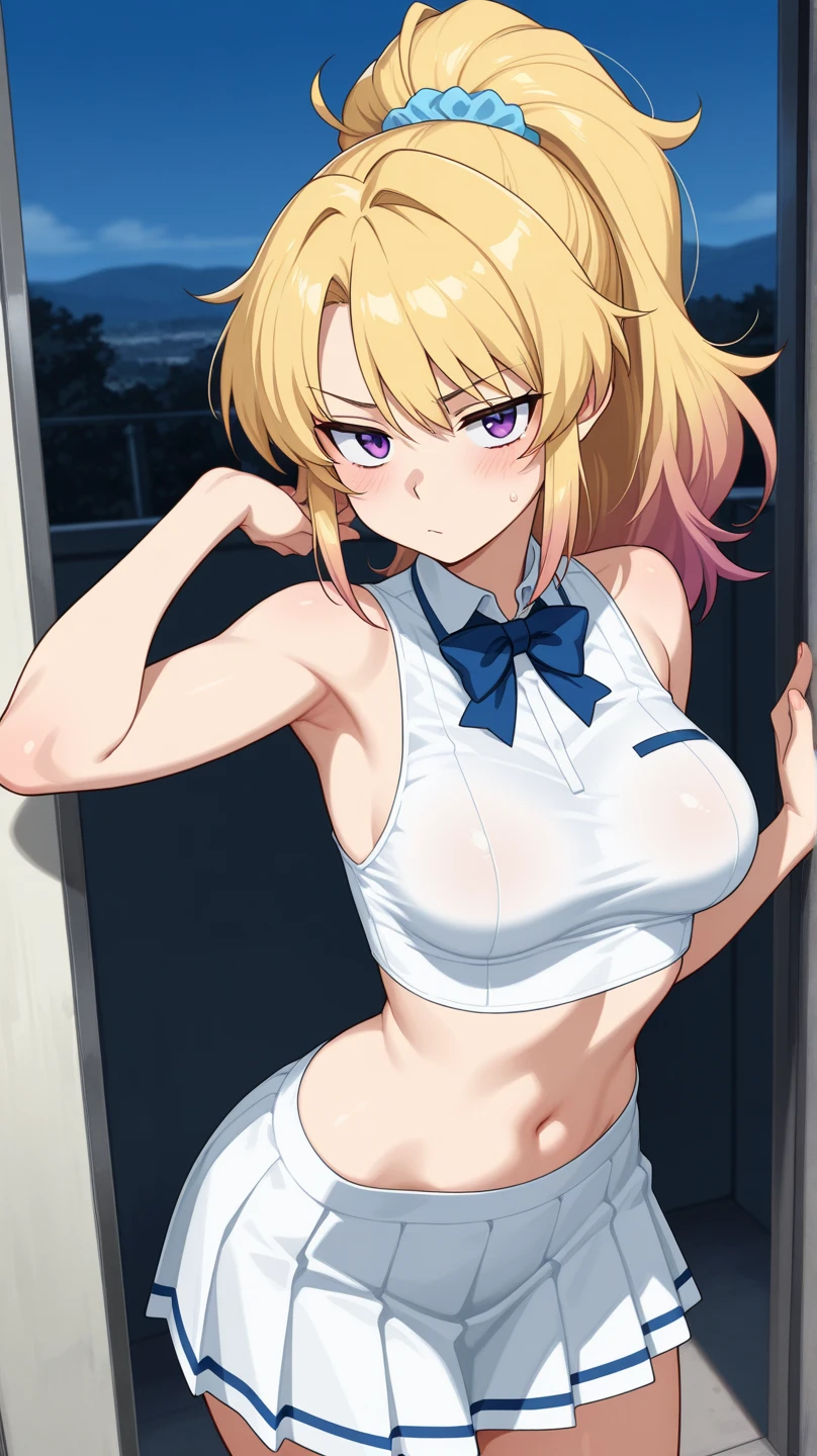 absurdres, highres, (official art, beautiful and aesthetic:1.2), ultra detail, beautiful person, 1girl, jeanne darc, blonde hair, blue eyes, long hair, bare shoulders, black necktie, black thighhighs, braid, long braid, underboob, navel, shirt, single braid, sleeveless, sleeveless shirt, thighhighs, white shirt, narrow waist, wide hips, choker, wristband, cotton pencil skirt, upskirt, white thong, pantyshot,  <lora:jeannedarc-lora-nochekaiser:0.4> <lora:jean_divineElegance:0.6>
