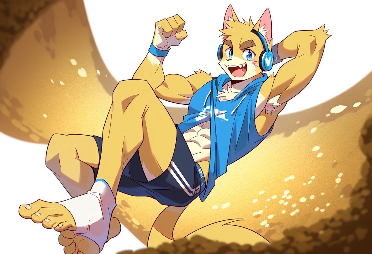 score_9, score_8_up, score_7_up, male, furry, high quality, hires, anthro, teenager, , domestic cat, bright yellow fur, blue eyes, wide brown eyebrows, an excited expression, humanoid feet, slim body, prominent v-line, prominent abs, prominent legs, prominent forearm, prominent knees, white background, treasure trail, armpit hair, furry legs, taking off his underwear