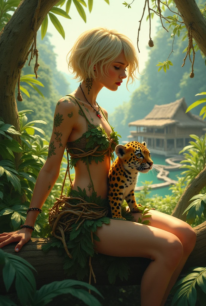 in jungle,A defeated woman,Long blonde green hair,Green eyes,Yellow broken armor,spread their legs,The whole body is covered with tattoos