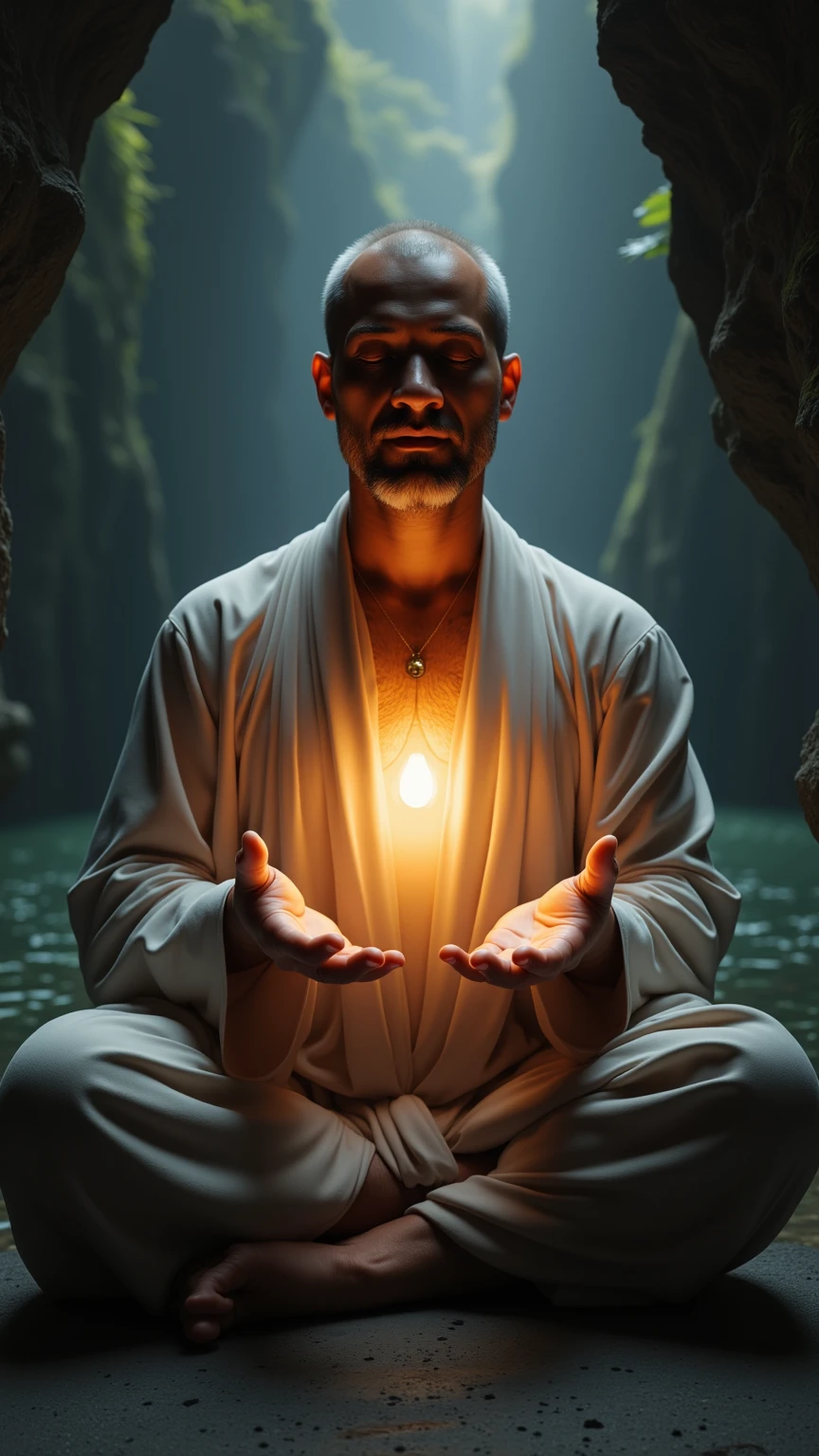 Warrior dressed in white clothing, short hair with a full beard in a meditation position and his large sword to the right, Blue flames shoot from his eyes and blue flames from his hands, candles and a large image of a golden Buddha on the left 8k in the background an immense circle of blue light power with many holistic symbols symbolizing a futuristic dimensional portal