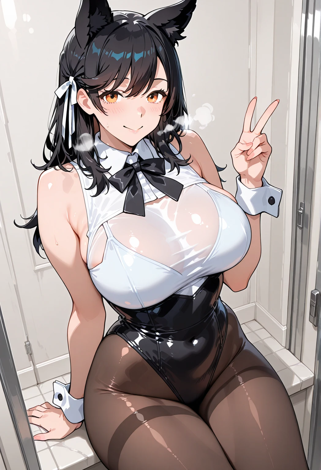 ((((Ultra-detailed,masterpiece,Highest quality)))),NSFW,(Audience Chamber:1.3),(((Blonde side ponytail long hair,Pointy Ears:1.1))),(Red Eye:0.6),(((Dark Skin,Oily skin:1.5))),(Huge breasts:1.2),(model:1.1),(Moderate),(Tattoo),(Collar with chain),(Natural Makeup),(Shiny clothes,Shiny body),(Ecstasy:1.3),((Five Fingers)),(((See-through bunny girl:1.5))), (Shiny clothes:0.8),(Tattoo:1.1),(vapor:1.1),(Detailed fingers),Cowboy Shot, (smile:0.5), (blush:0.9),((Perfect Fingers)),