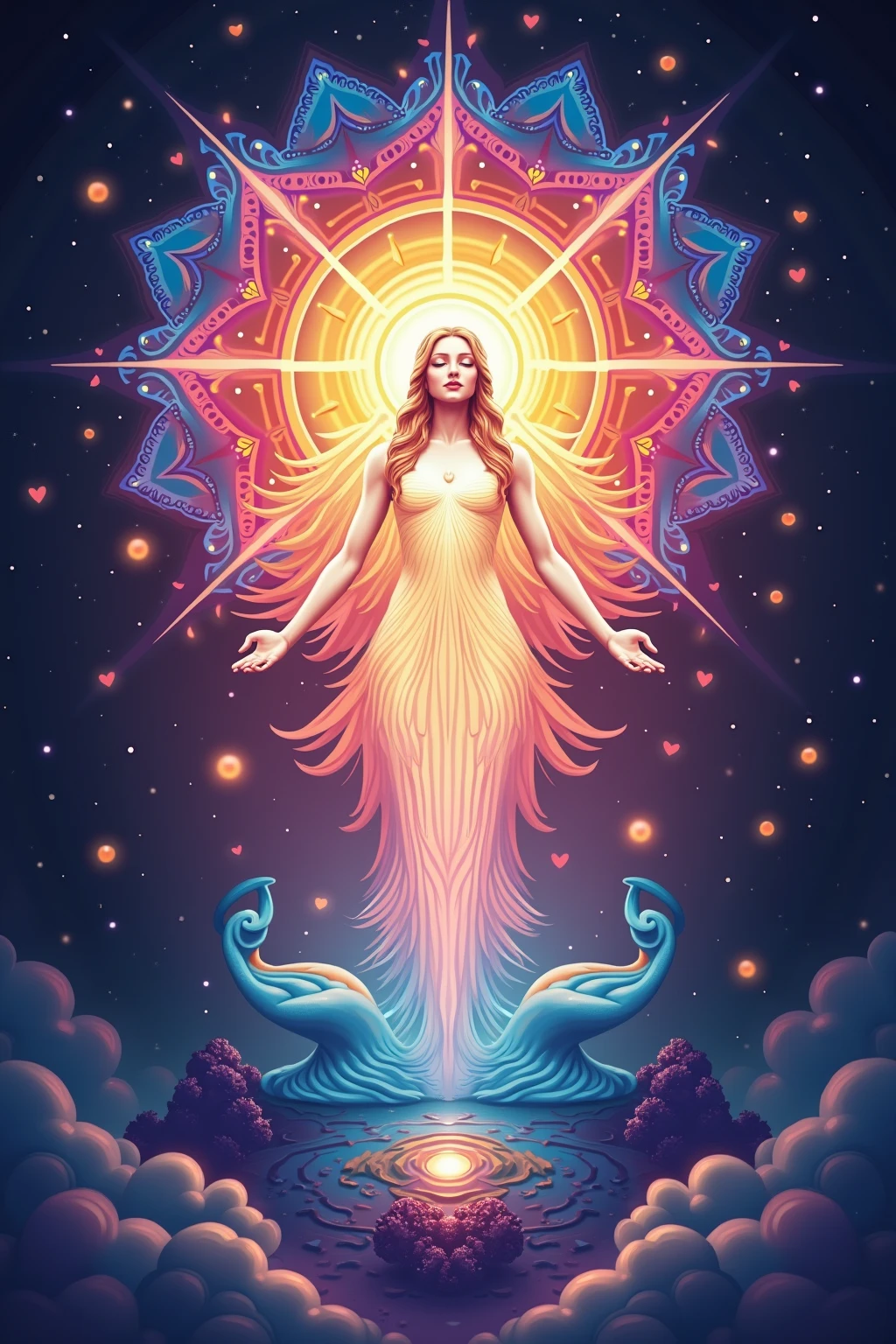 There was a woman with her hair standing upside down on her knees，Two large pythons，choker necklace，Yingluo，crown，arm，bangle，ankle bracelets，Tired，Soft and light clothing，Flowing cloud，Cloud，fresh flowers，（nice hand），（Good feet），（good legs），realisticlying，white skinned，（（Correct body structure）），decorated in white，baiyun，Blue sky，Head background with round light，Behind him is a rainbow circle，Front lighting，Positive light，No shadows on the face，There are no shadows on the body，Clouds and lightning，Unreal space，ethereal world，dreamworld，tmasterpiece，4K，ultra-definition，professional photoshooting，