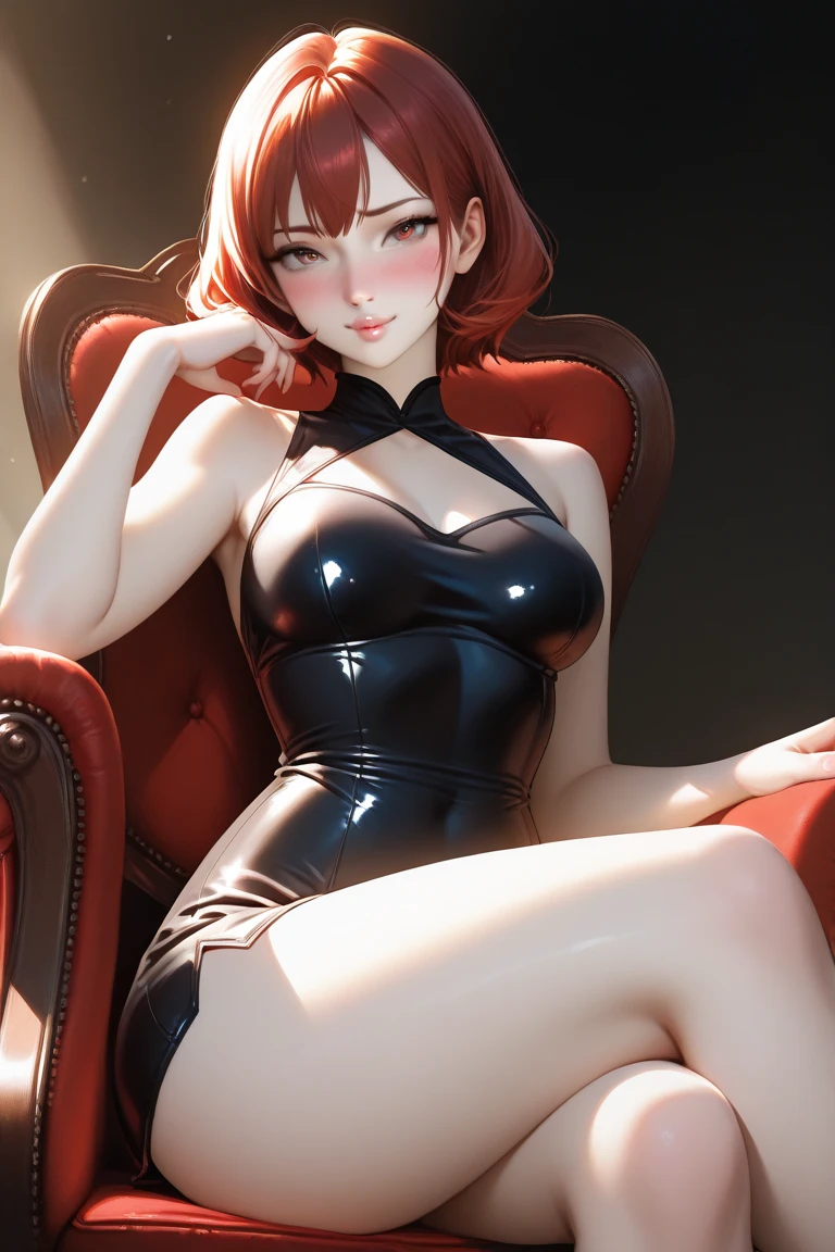 1girl, female elf, short red hair, blue eyes, curvy body, white off the shoulder sleeveless shirt, latex long skirt, black stiletto heels, laying on a latex couch, legs crossed, full pouty lips, pinup pose, side view, smiling at viewer