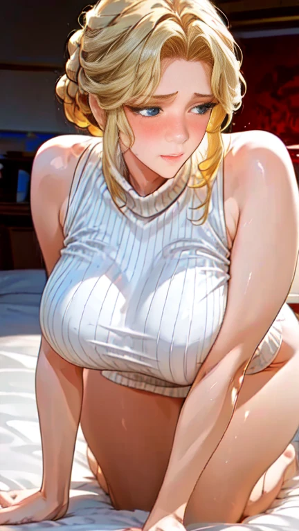 Tsunade, shy,One woman,blonde,white long hair, hair let down,with brown eyes,red lips,lipstick,pub,face turns red, detached sleeves,lying down,photo portrait,software, , ((Nasty appearance)),Being drunk, ((You can see the chest well)),lying in a bed, She spreads her legs and shows her thighs., Angle from the front, large brasts,( gigantic breast), ((ahegao)), (wet cum:1.2, cum on vagina:1.2), (one arm up, armpit), looking at viewer, spread legs,